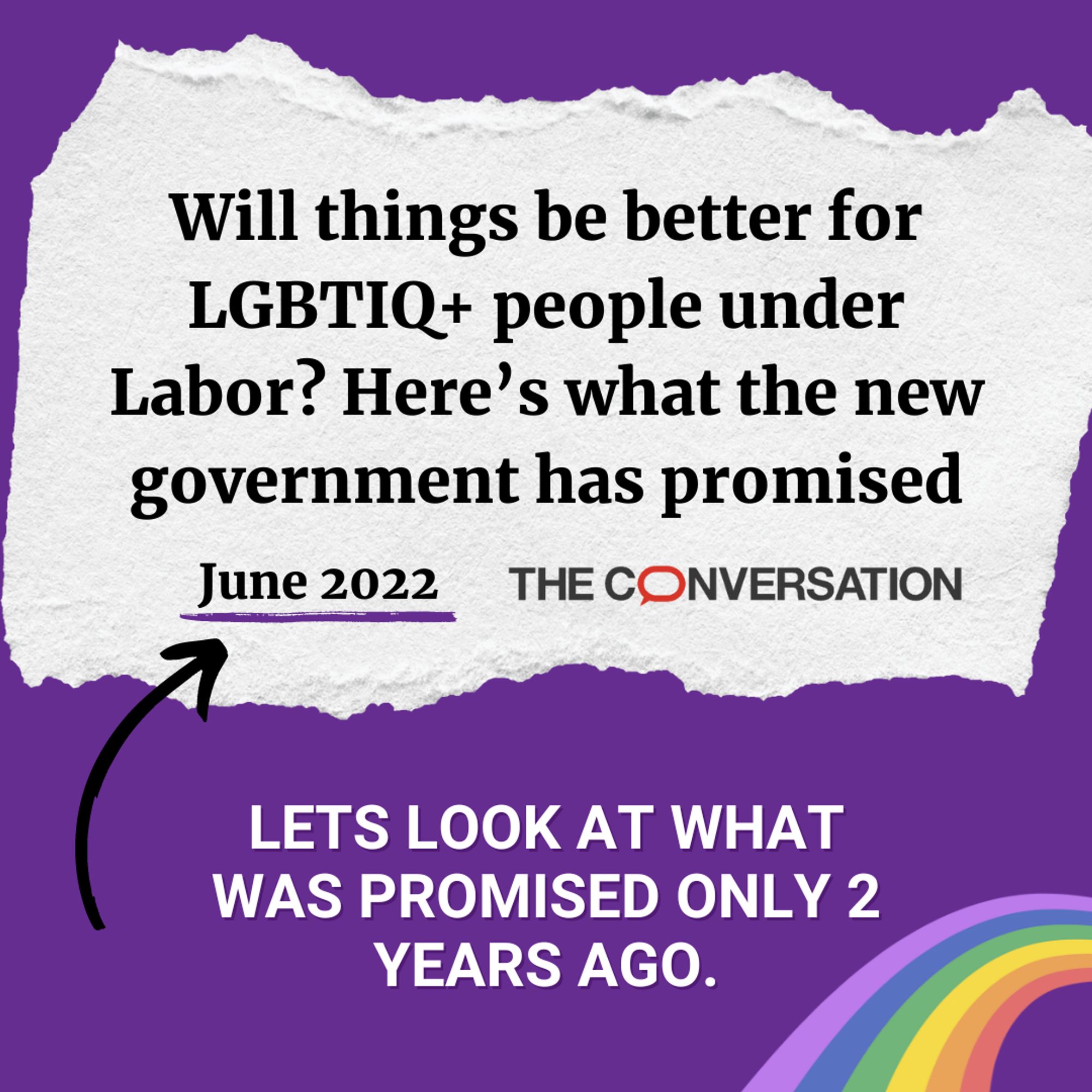 Text reading "Lets look at what was promised only 2 years ago" below a scrap of paper showing a headline in The Conversation from June 2022, reading "Will things be better for LGBTIQ+ people under Labor? Here's what the new government has promised." The date of the article is underlined and has an arrow pointing to it.