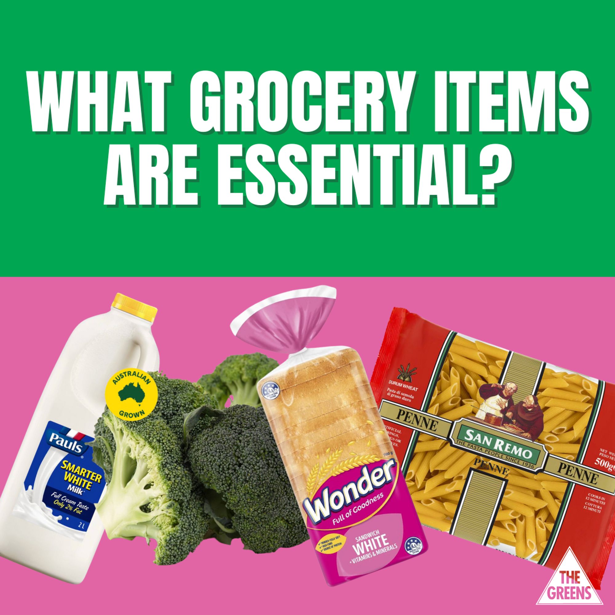 "What grocery items are essential?" 
Decorative images of milk, broccoli, bread and pasta.