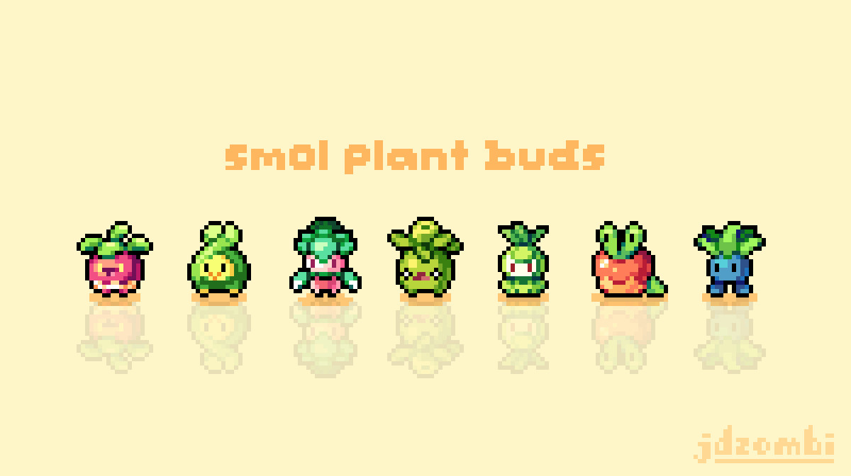 A lineup of several pixel Pokemon at a 18x18 resolution, made as twitch sub badge icons. The pokemon are Bounsweet, Budew, Fomantis, Smoliv, Petilil, Applin, and Oddish, in that order. They are shown on a light yellow background, with small drop shadows, floor reflections, and the text "smol plant buds". A JDZombi signature can be seen in the bottom right.