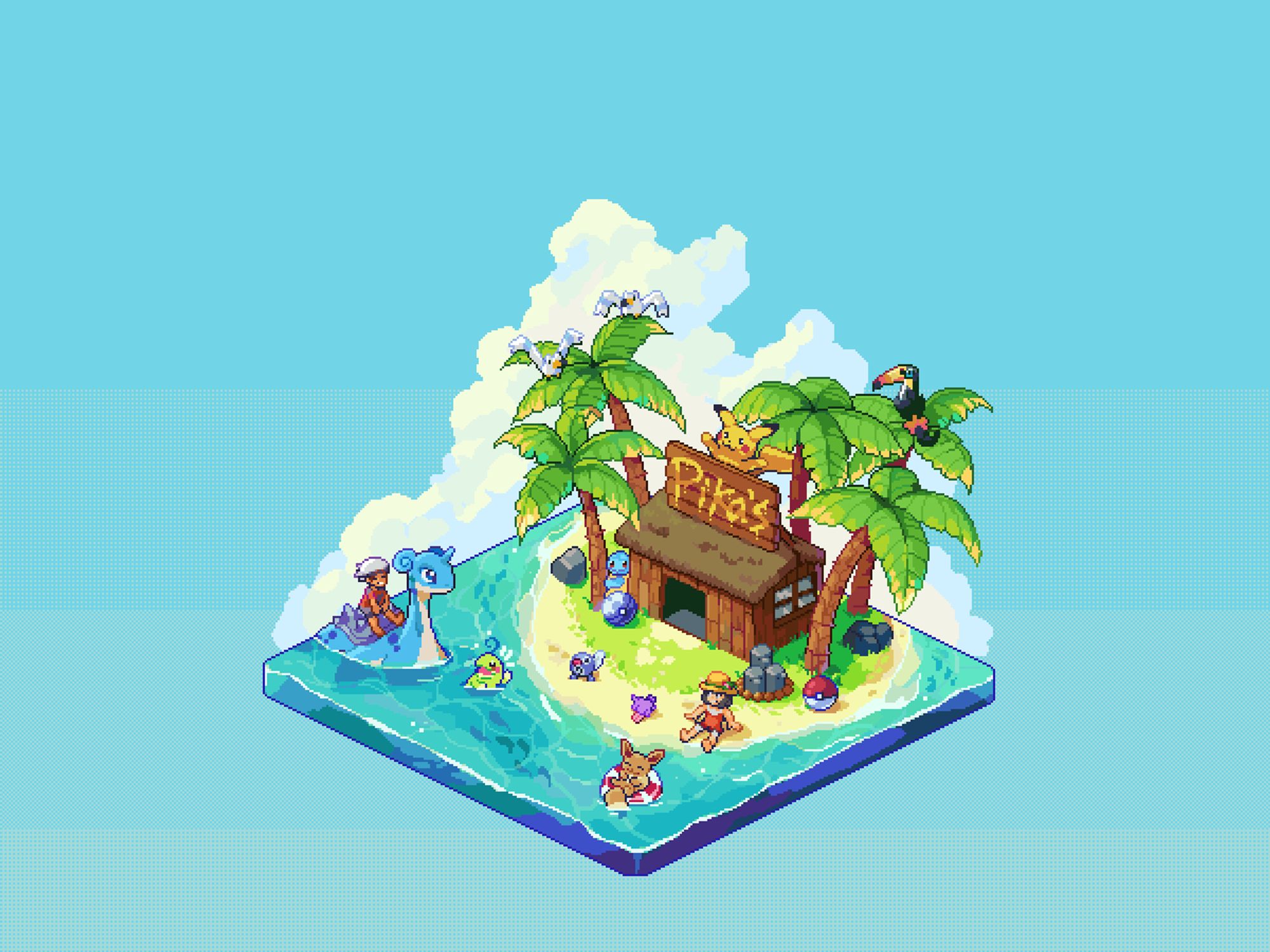 An isometric, pixel art piece showing a small island in the water. A run down shack with a sign that says "Pika's" with a Pikachu statue atop it.

Several palm trees litter the beach. Sitting atop, are some wingull, and a toucannon.

Along the beach sits Sun, the protagonist from Pokemon Sun and Moon, some shellder, a Squirtle, a beach ball, and some rocks. Even a rock shaped like dugtrio!

In the water you can see the silhouettes of fish swimming by, Brendan sat atop a Lapras, a Politoed waving, and an Eevee sat comfortably in a pool floatie.