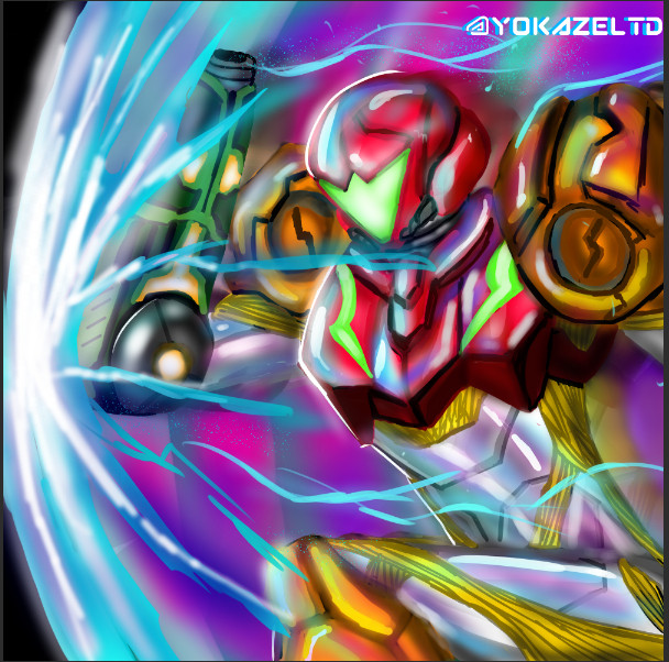 Samus Aran activating her Shinespark. (The ability that makes her run insanely fast.) 