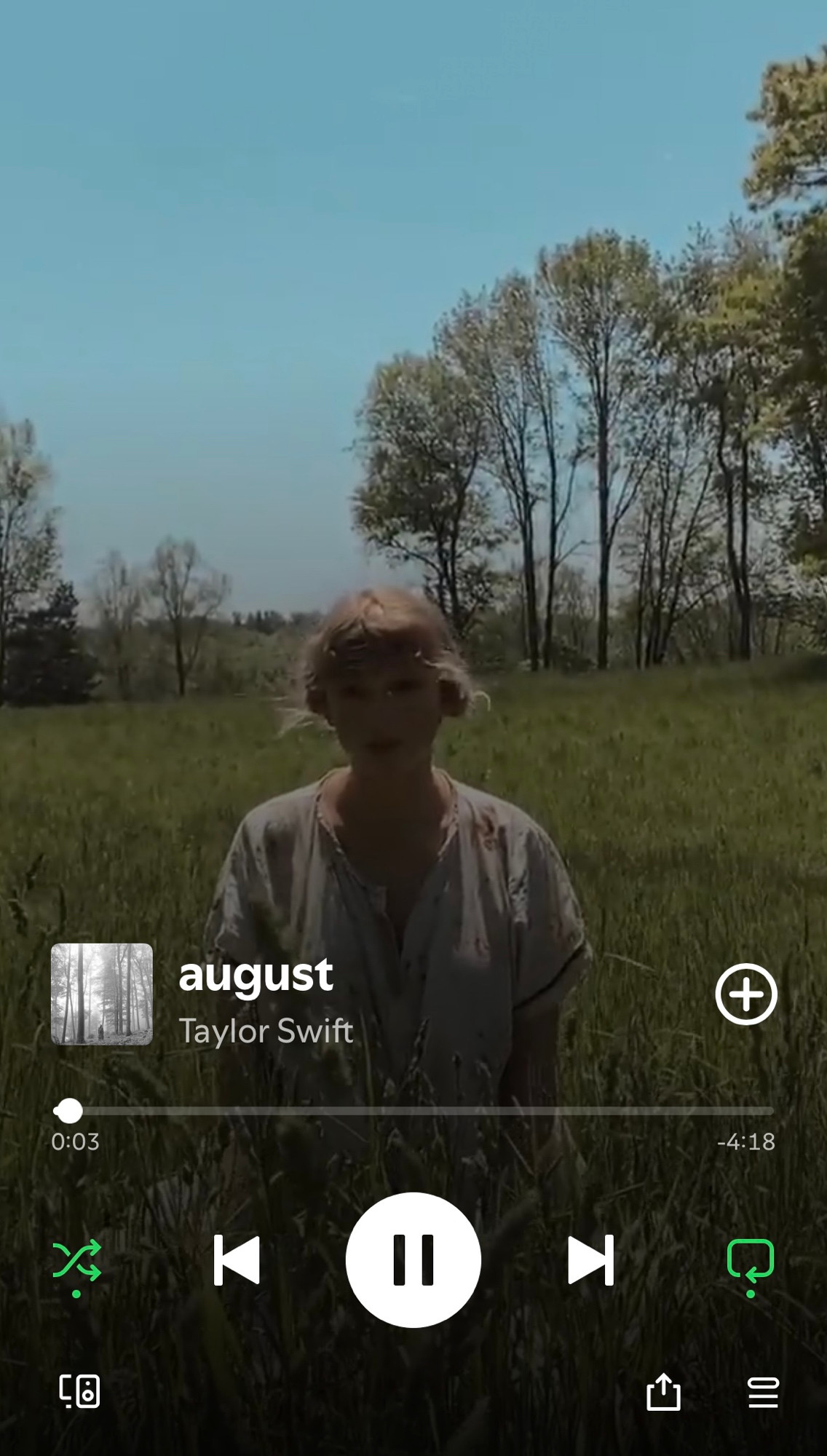 a screen shot of “August” by Taylor Swift playing on Spotify 