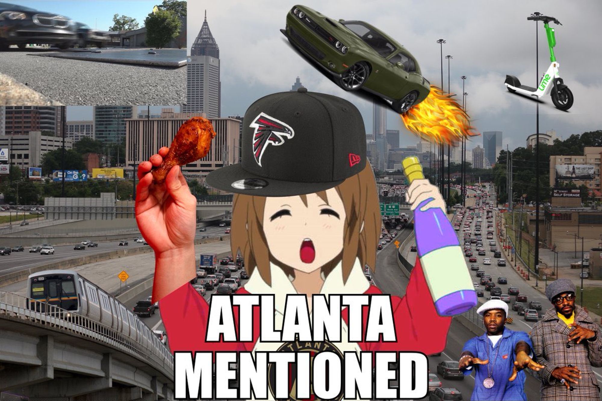 meme "Atlanta Mentioned" with metal road plates, MARTA trains, the Connector, OutKast, chicken wing, unidentified liquor, car on fire, and Lime scooter with midtown/downtown skyline behind