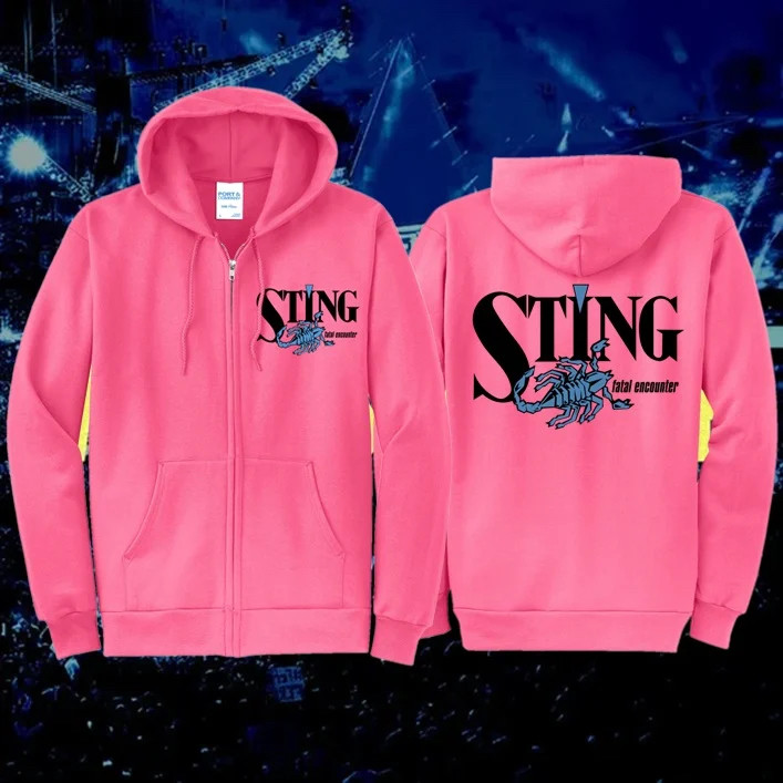 Mockup of the hot pink zip-up STING FATAL ENCOUNTER hoodie.