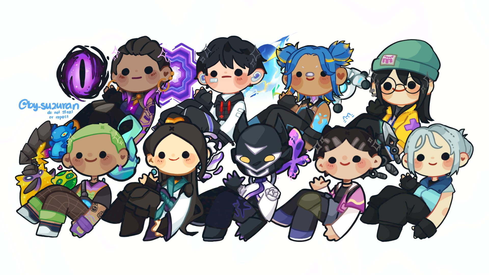 Chibi drawings of Valorant characters. Top row from left to right: Reyna, Iso, Neon, Killjoy. Bottom row from left to right: Gekko, Sage, Vyse, Clove, Jett