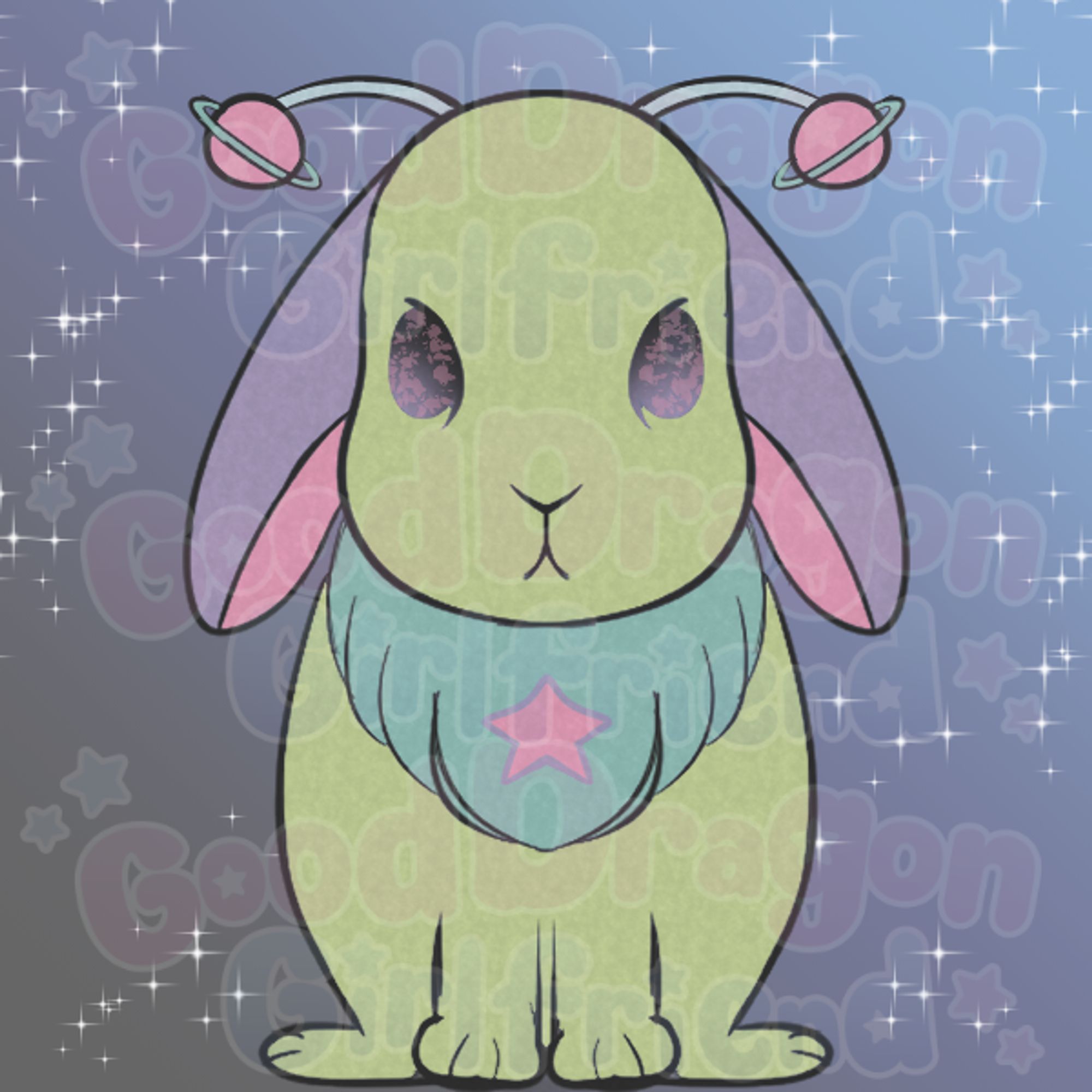 Space bunny with planet antenna. Green and teal body with purple ears, inner ears are pink. Eyes fade drom black to purple with pink spotting. A starry black to blue background is present.