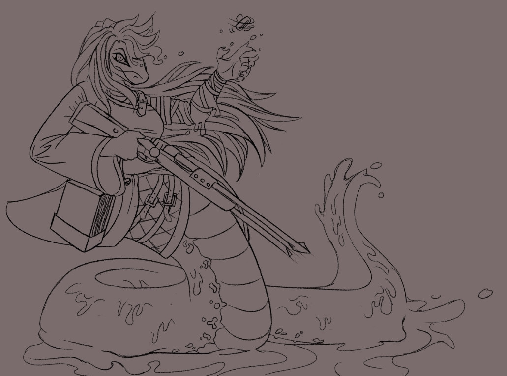 A digital pencil sketch on a gray background of a naga, reared up, and sprinting towards the viewer's left. She is clad in adventurers' gear. Her main weapon is a modified rifle, and a piece of ammunition spins above it as she prepares to catch and load it. She is visibly melting up and down her whole body, and flecks of ooze flick off of her in several places, pooling underneath her as well. Her expression is an aggressive glare at the viewer.