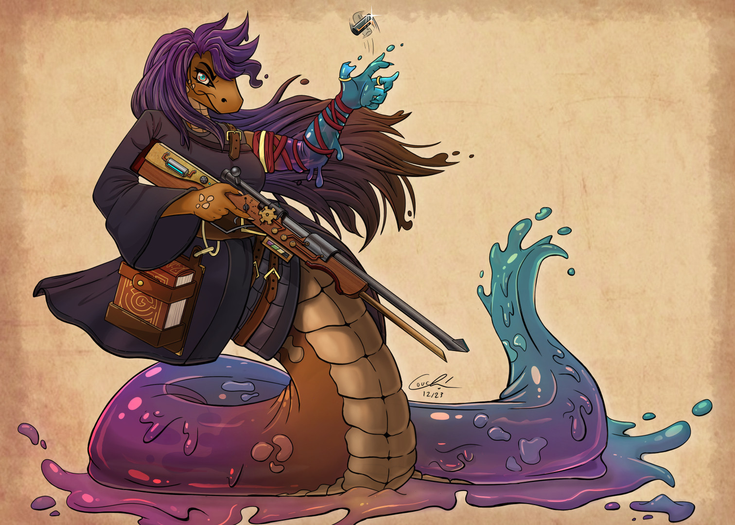 A digital illustration of a naga with long purple hair transitioning to brown and her body changing from brown-scaled flesh to purple and blue slime further down her length. She wears an asymmetrical dark gray robe with a full sleeve on her right arm, and red leather bands circling down her left arm. A spellbook hangs from her belt in a leather holster, supported by rings. She holds a double-barreled, firearm-like device with its bolt opened, her left arm poised to catch a spinning cartridge in midair for loading. That arm has also changed into purple and blue slime.