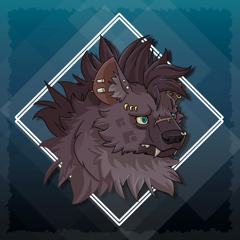 A headshot of a non-binary gnoll on a geometric background. They are covered in large amounts of longer brownish-purple fur. They have several piercings of gold and bone in their ears and brows, as well as one in their nose. A jagged pink scar crosses their muzzle, and another vertical scar marks their left brow. They have sunken yellow eyes with sea-green irises. Their expression is concerned, with visible bags under their eyes.