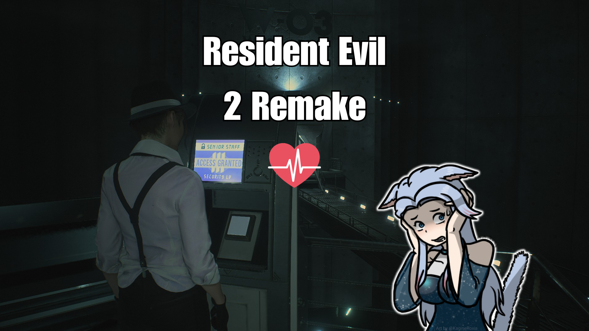 Go Live Poster: Resident Evil 2 Remake with a Heart Rate Monitor! There is a screenshot of Claire in the laboratory chapter. KystalStar is on the right with a scared expression and the art is by @KagineRoxis