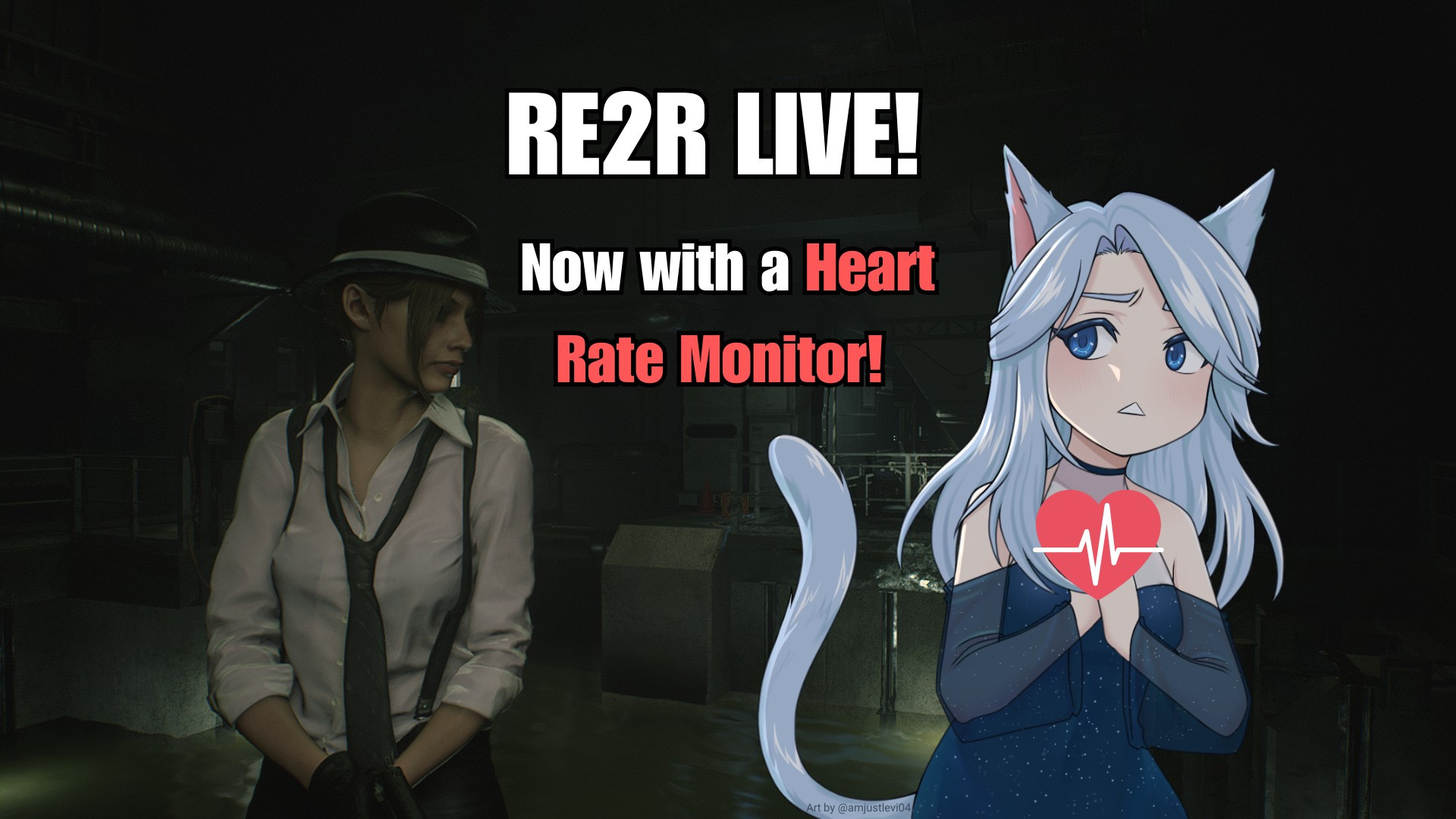 Go Live Poster: Resident Evil 2 Remake with a Heart Rate Monitor! There is a screenshot of Claire in the sewer chapter. KystalStar is on the right with a heart rate image in front of her.