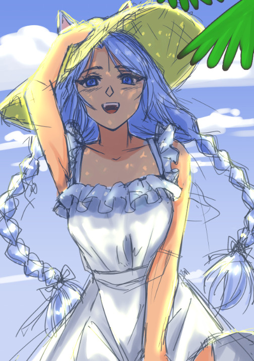 Drawing of KystalStar wearing a summer hat, dress and braided pigtails. She is holding onto the hat on her head and is out enjoying the sunshine.