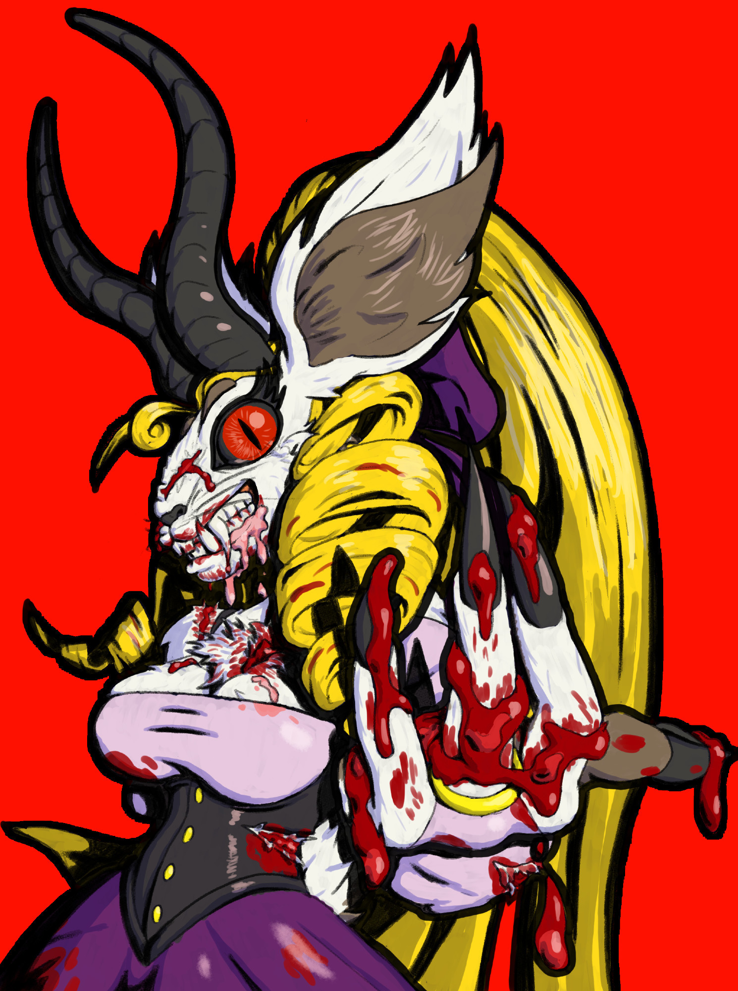 A demon succubus resembling an anthropomorphic jackalope person, with long blond hair and a pink and purple bodice dress. Her expression is manic, foaming at the mouth, and she's extended a clawed hand covered in blood and gore towards the viewer.