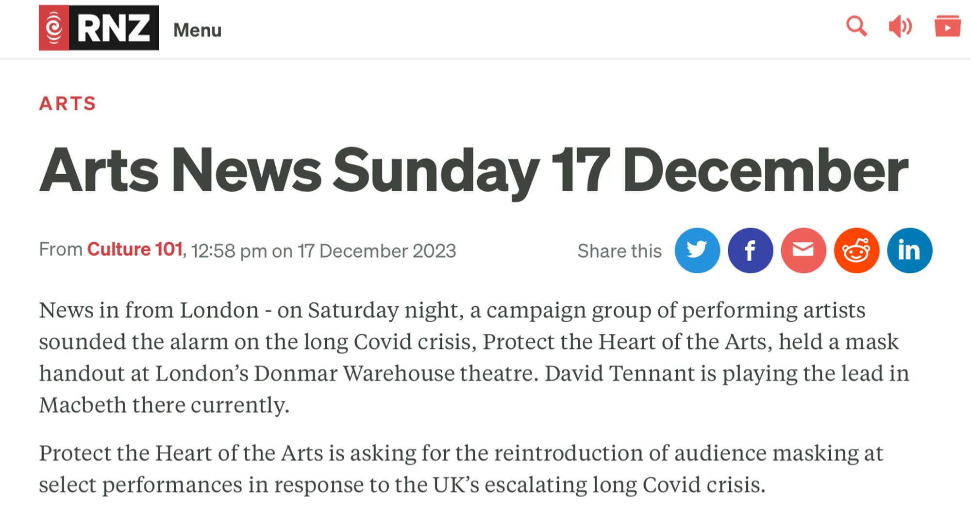 Screenshot of NZ Radio’s news. Text: Arts News Sunday 17 December.