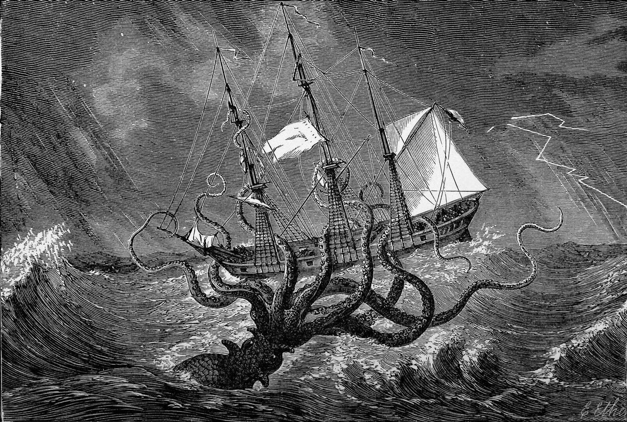 Giant Octopus attacks ship. Zeichnung aus irgendnem alten Buch