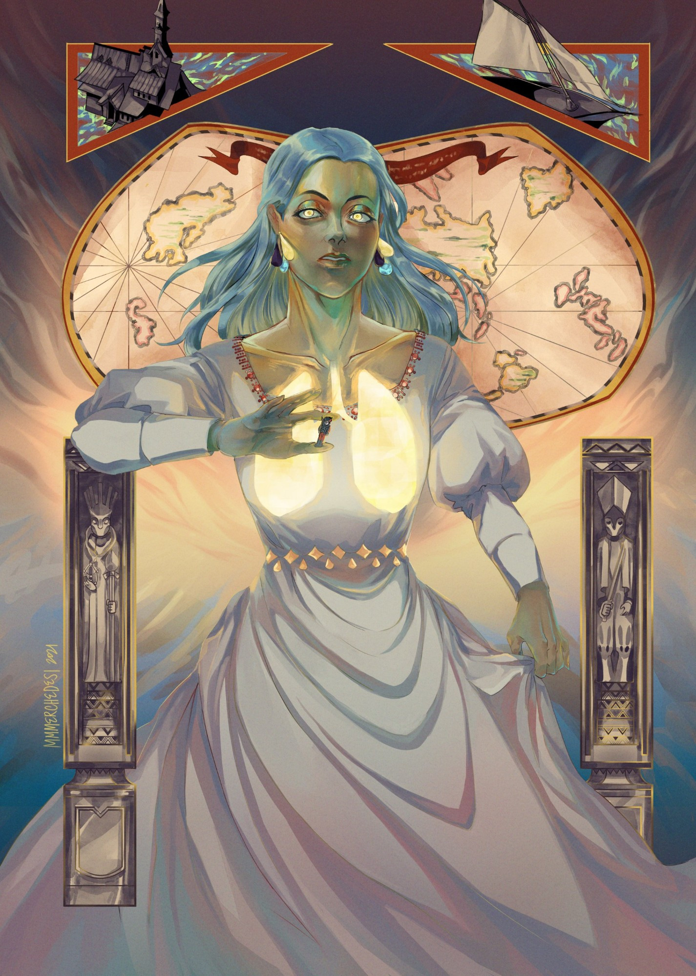 Portrait of Dolores Dei from Disco Elysium. Light radiates around her form. She is wearing a white dress, and there are golden lungs on her chest. Her hair and skin is a striking ethereal color. There is a clip of the church and a naval vessel on the top corners.