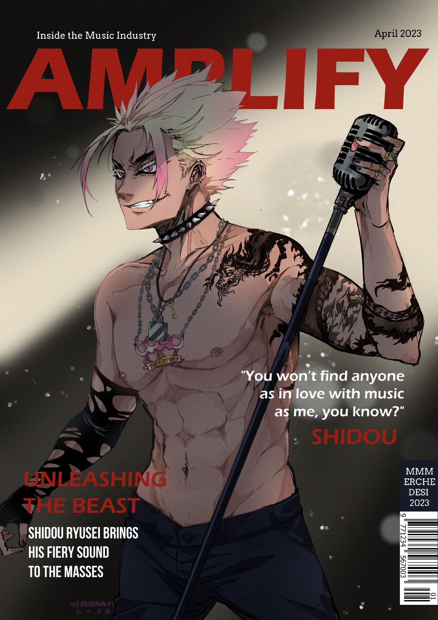 Fanart of Shidou Ryusei half naked, showcasing dragon tattoos and a punk outfit. This is taking place in an AU where he is a rockstar. 