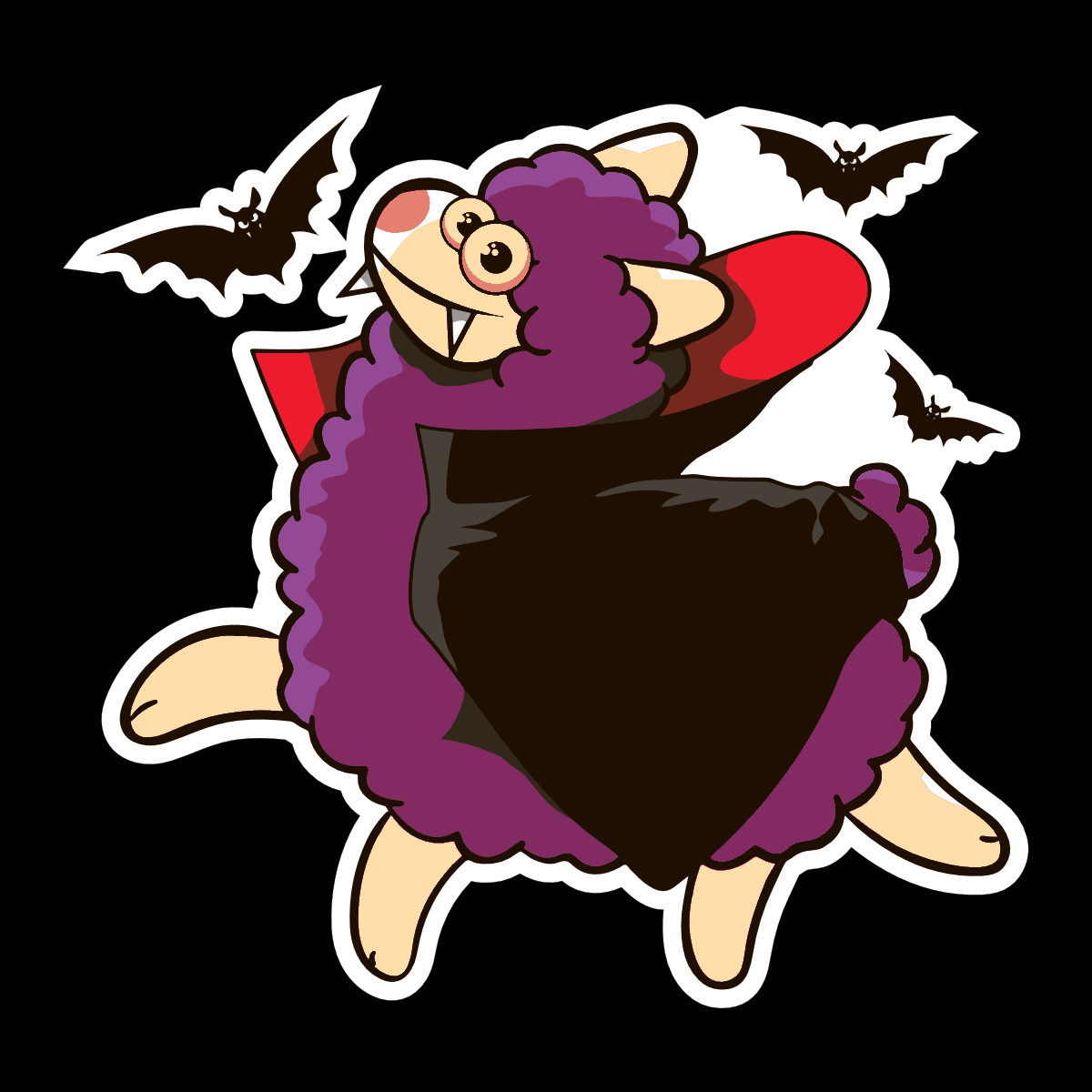 Sticker découpé à la forme d'un lama violet avec une cape de Dracula et des dents de vampire. Autour de lui 3 petites chauves-souris.