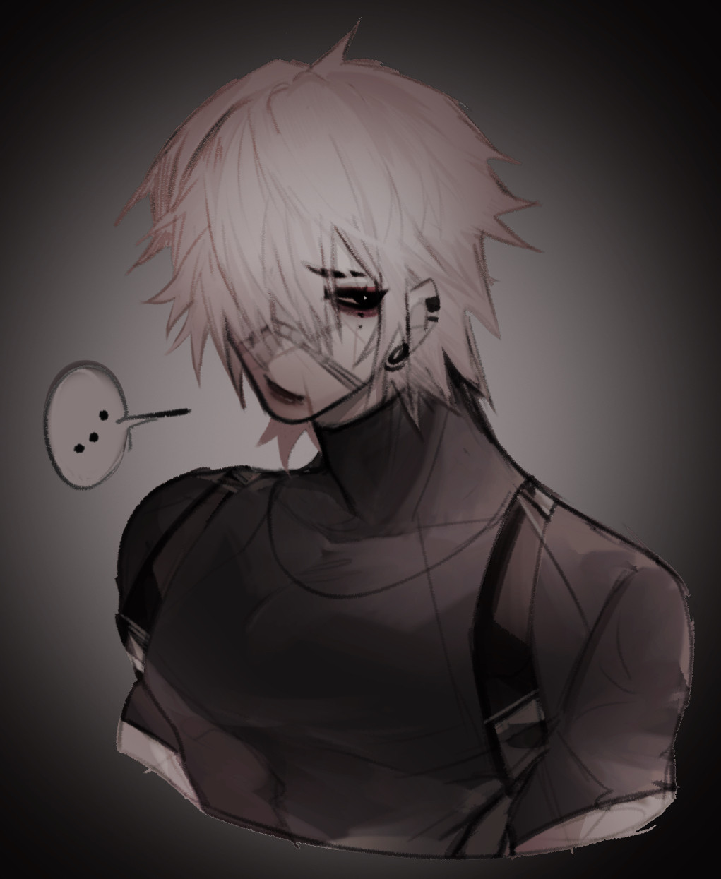 My OC Raven, he is a white haired mercenary that lives in a very cybernetic-horror filled world— he has a metal plate on his face to keep it together because of an accident from the past.