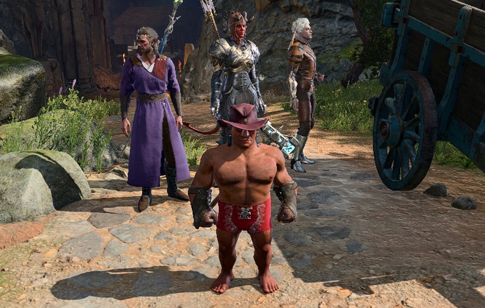 Screenshot from the game Baldurs Gate 3. A shirtless himbo dwarf barbarian with a cowboy hat is center frame