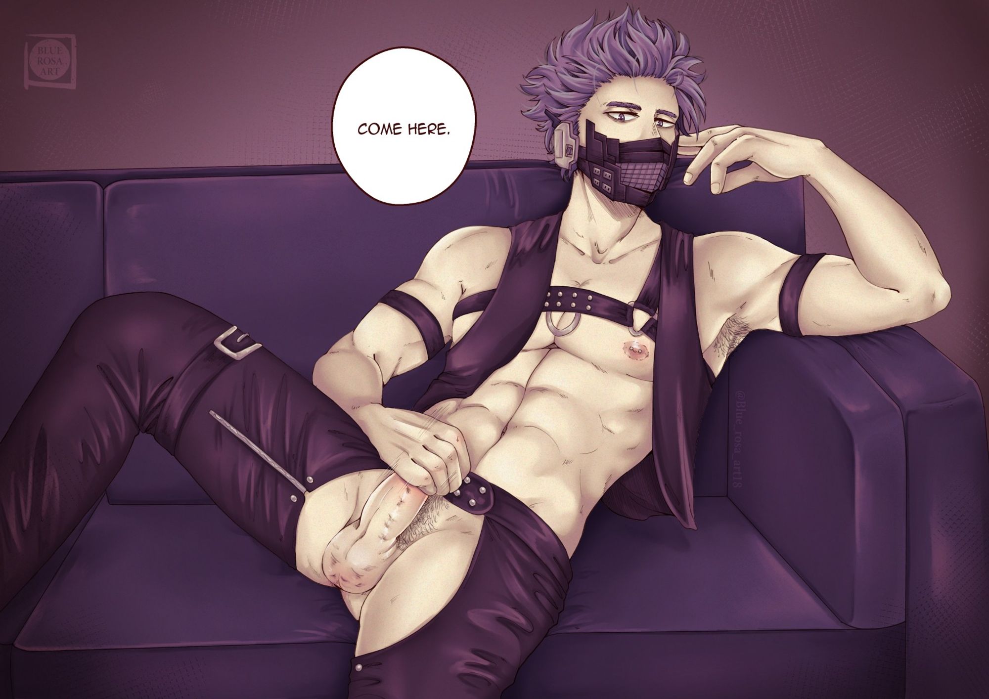 The character Shinso from My Hero Academia is sitting on a couch/lounge/sofa in a leather daddy outfit and his quirk voice box mask, using his right hand to masturbate his own dick, a speech bubble saying "Come here" insinuating that if you respond you will be brainwashed by his quirk.