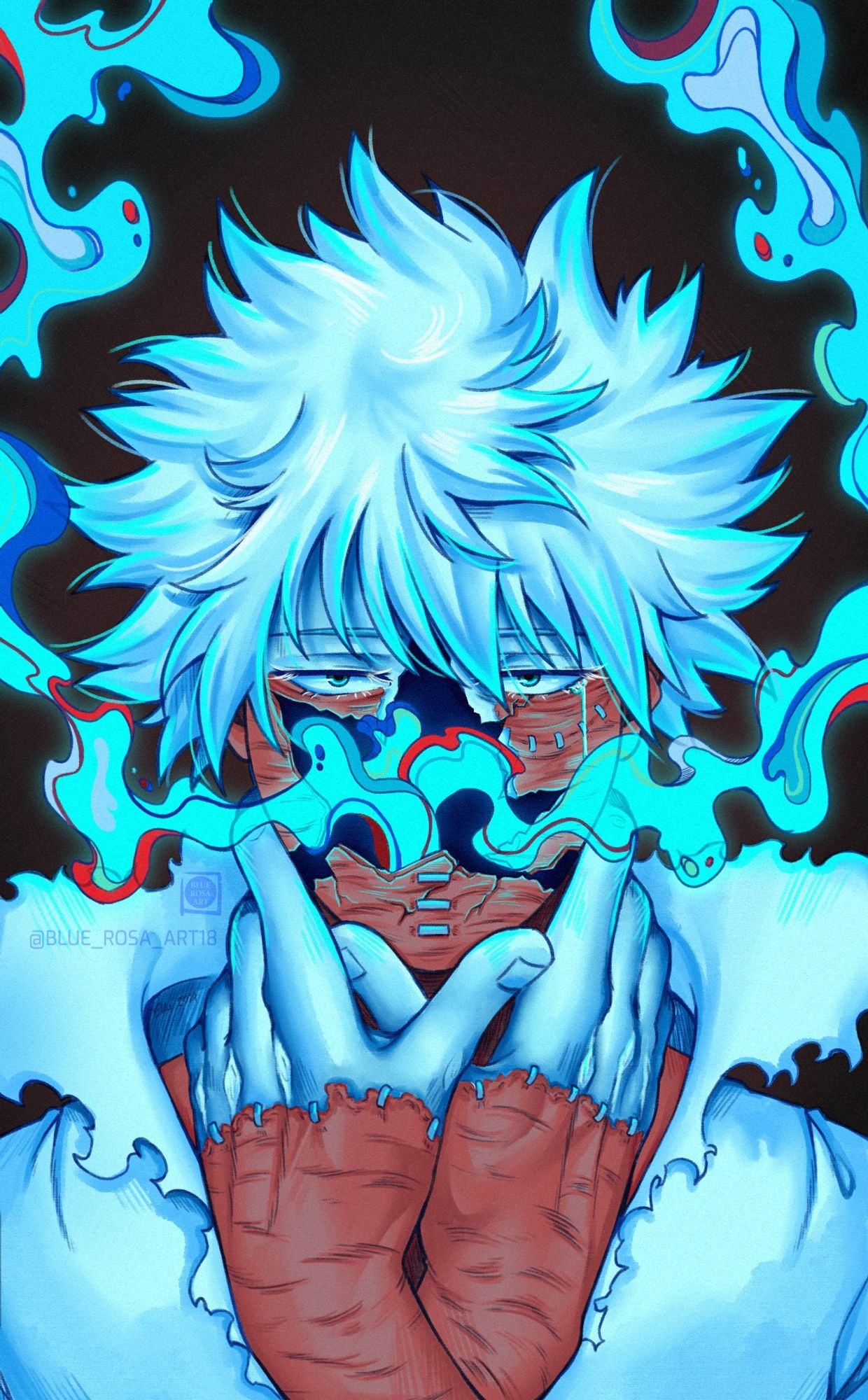 The character Dabi from My Hero Academia, with his hands wrapped around his own neck, a dark hole in the middle of his face as if it has cracked like a porcelain doll, with blue flames that look like liquid coming from inside his face where his mouth would of been.