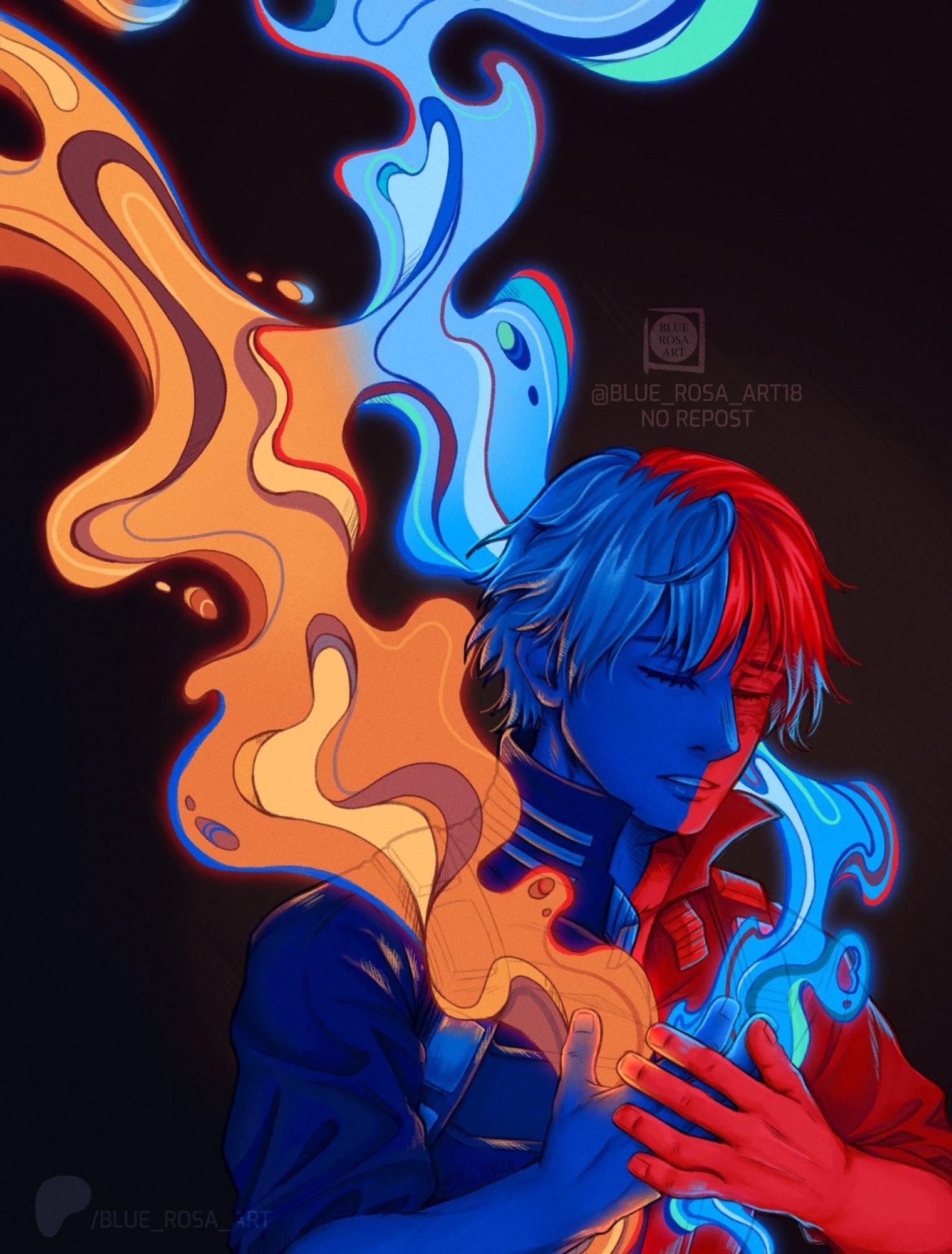 The character Shoto Todoroki from My Hero Academia with flames and ice that look like liquid coming from his chest like his quirk move 'Phosphor'