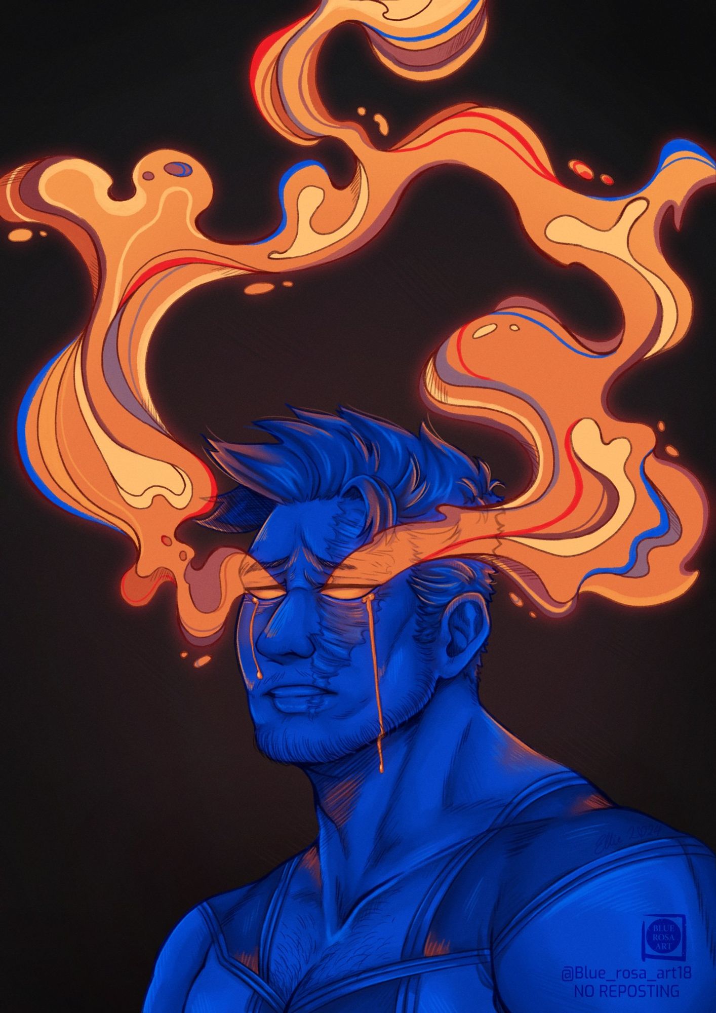 The character Enji Todoroki from My Hero Academia with flames that look like liquid lava coming from his eyes as hot tears fall down his face.