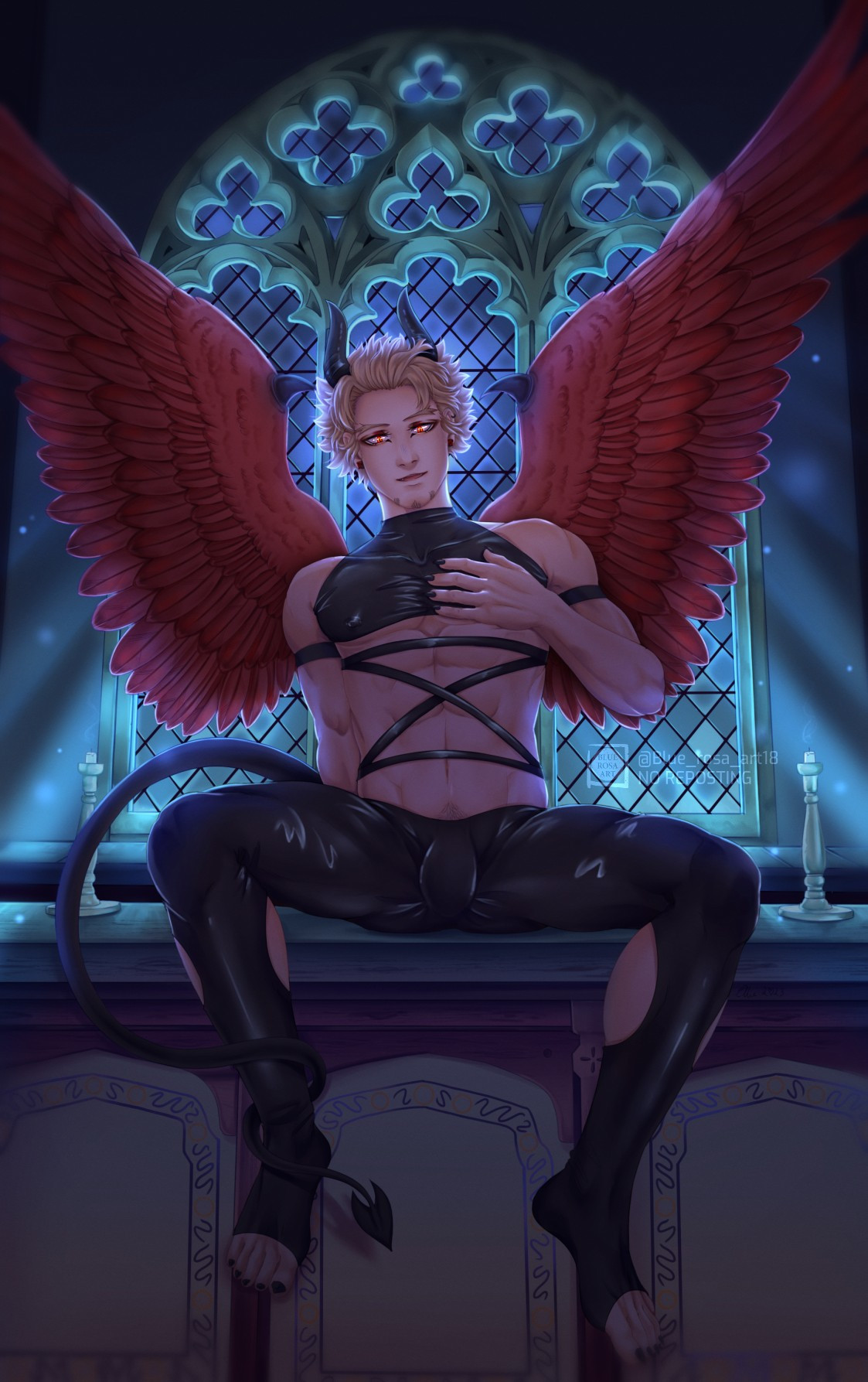 My Hero Academia character Hawks (Keigo Takami), drawn as an incubus demon, sitting upon a church table with his legs spread and a hand on his chest, a stained glass window behind him, his eyes glowing.