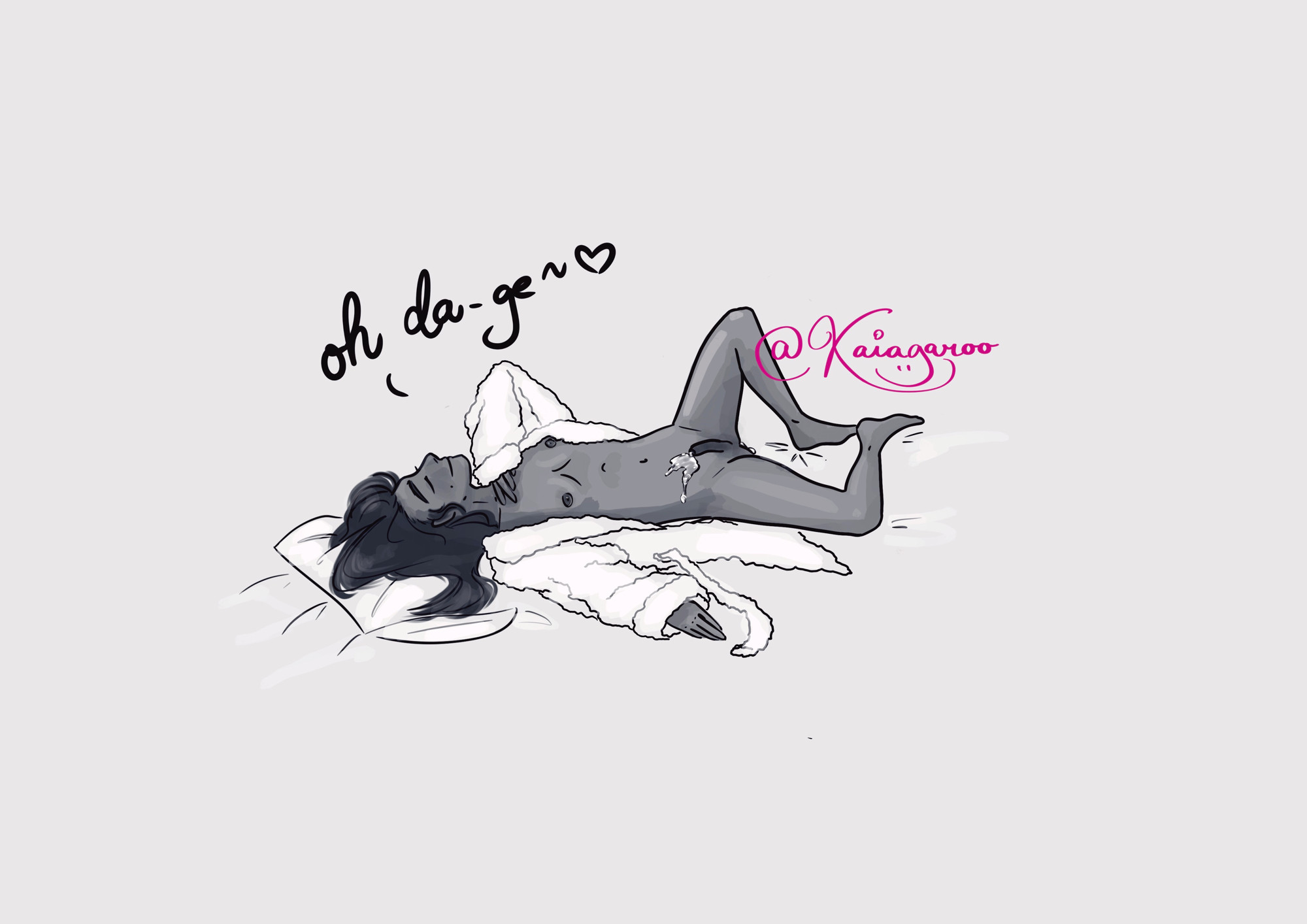 drawing of nhs lazing on his back calling to his da-ge. there is a puddle of cum on his tummy