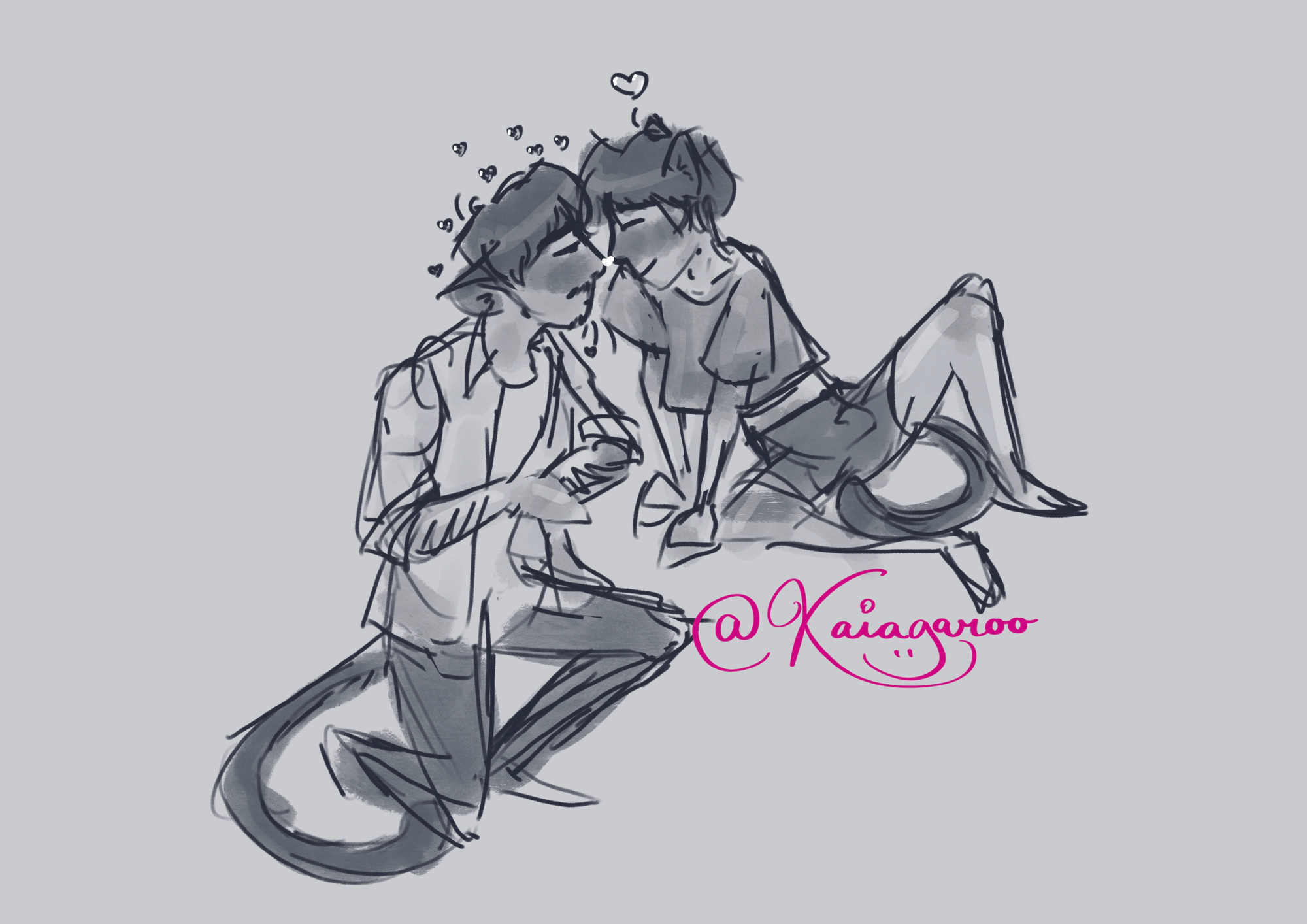 sketch of niecest with cat ears and tails sharing a cute close moment