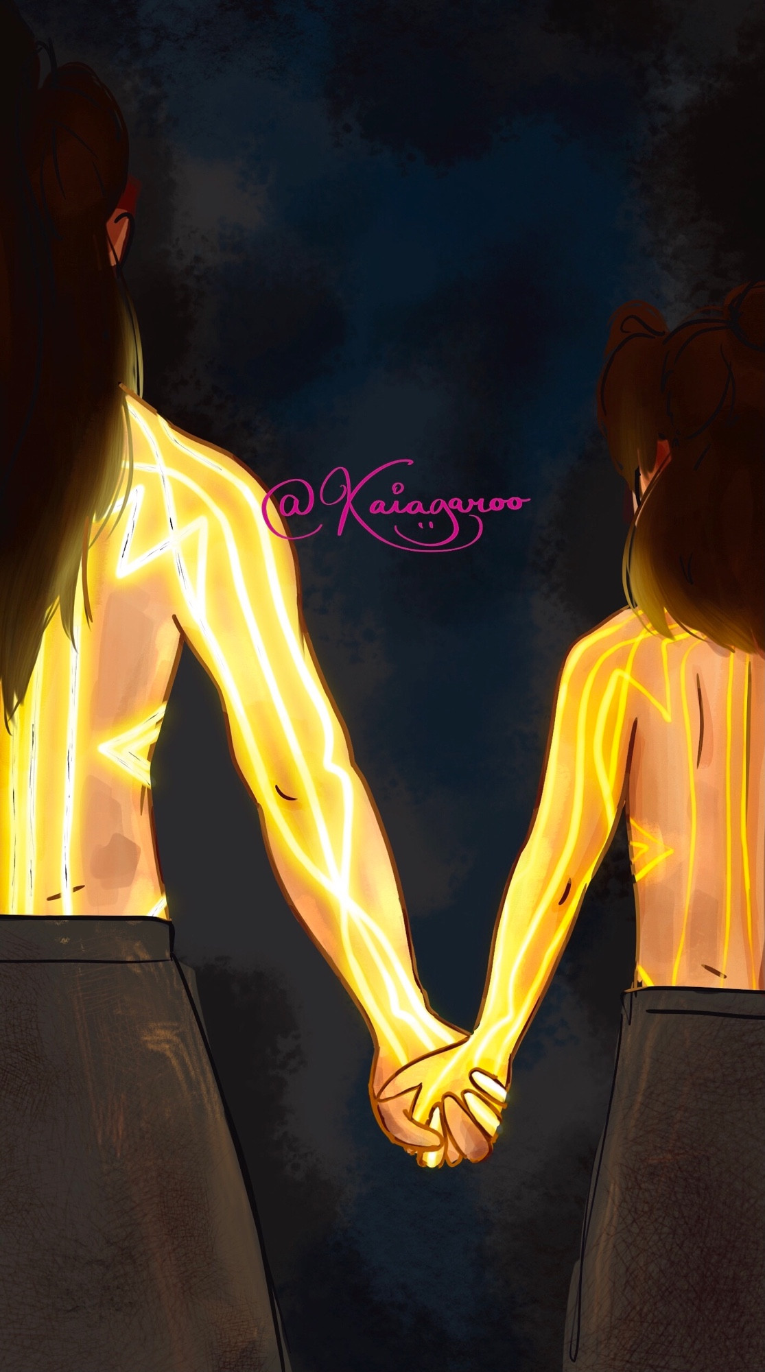 fanart of nie mingjue and nie huisang holding hands from the back. golden qi flows through them, nmj's laced with deviation and nhs' thin