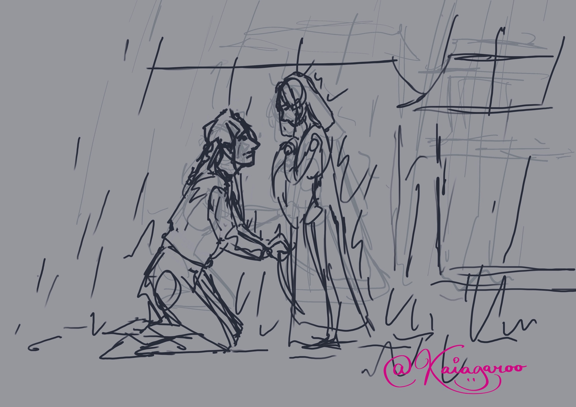 sketch of nie mingjue kneeling in front of nie huaisang in the pouring rain