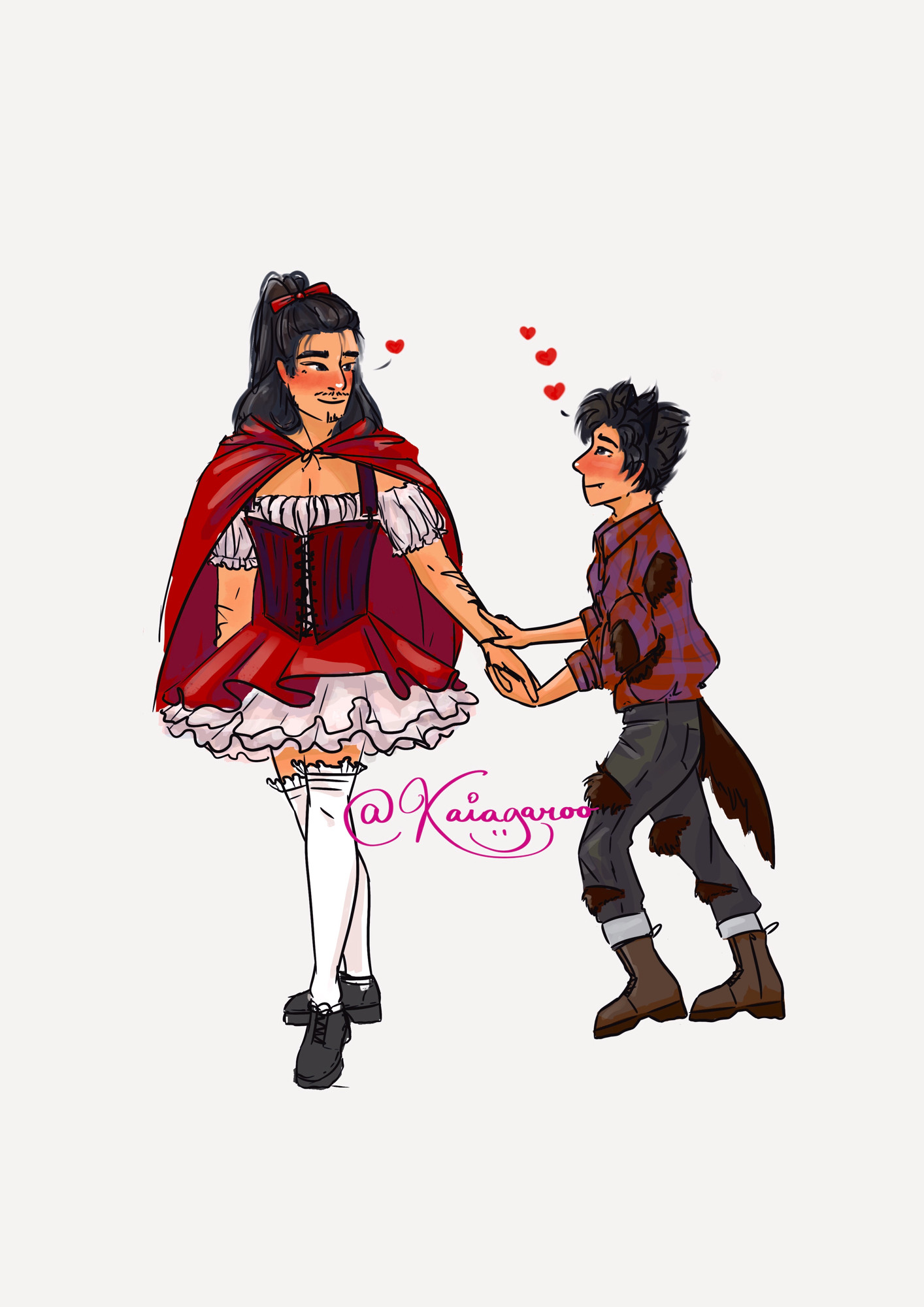 fully rendered drawing of nie mingjue dressed as little red and nie huaisang dressed as a wolf, holding hands