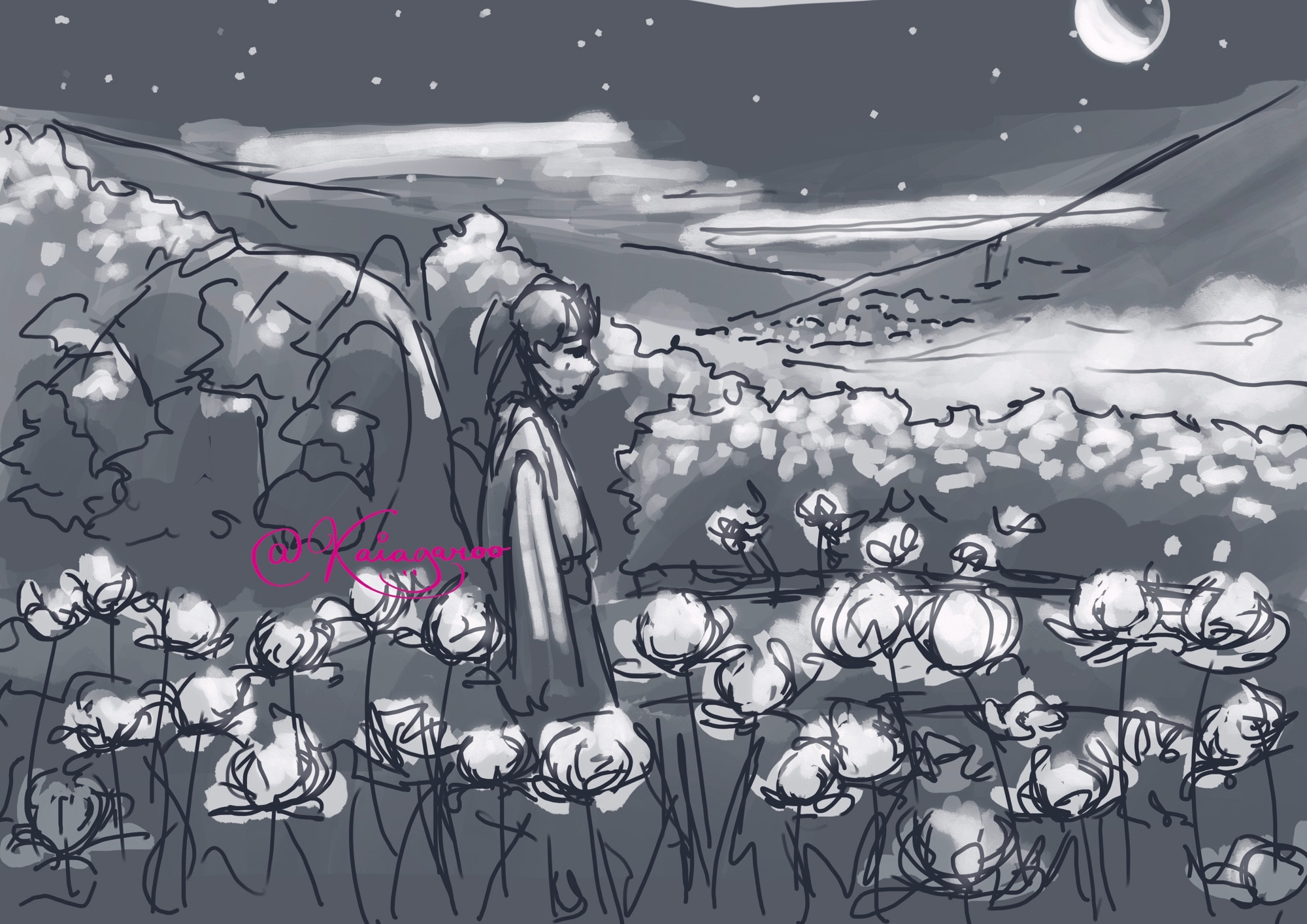 drawing of nie huaisang standing amidst blooming peonies while crying quietly