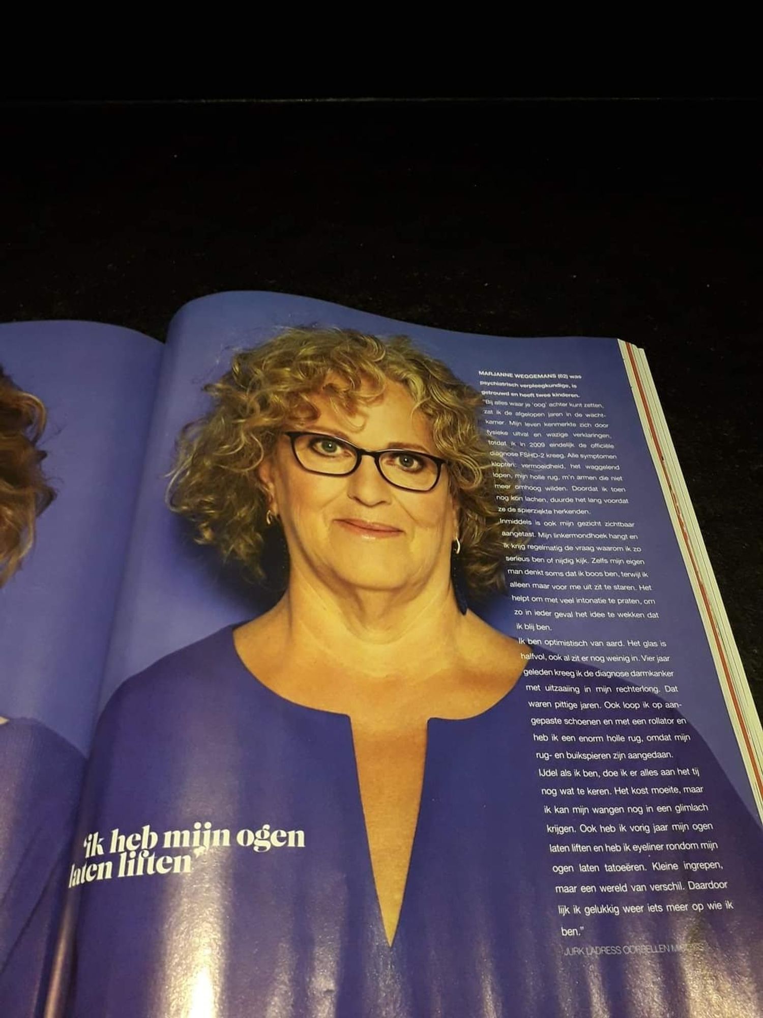 In korenblauw zichtbaar voor reeks FSHD vrouwen met interview. 2018.