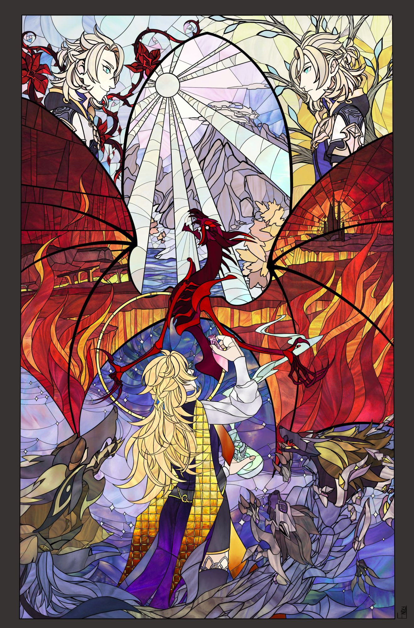 fanart in the style of a stained glass window that depicts Albedo and his copy, the dragon Durin, the rifthounds and golden wolflord, as well as Alchemist Gold, also known as Rhinedottir, from Genshin Impact. the burning ruins of Khaenri'ah can be seen in the open wings of Durin and the location of dragon spine are behind the dragon