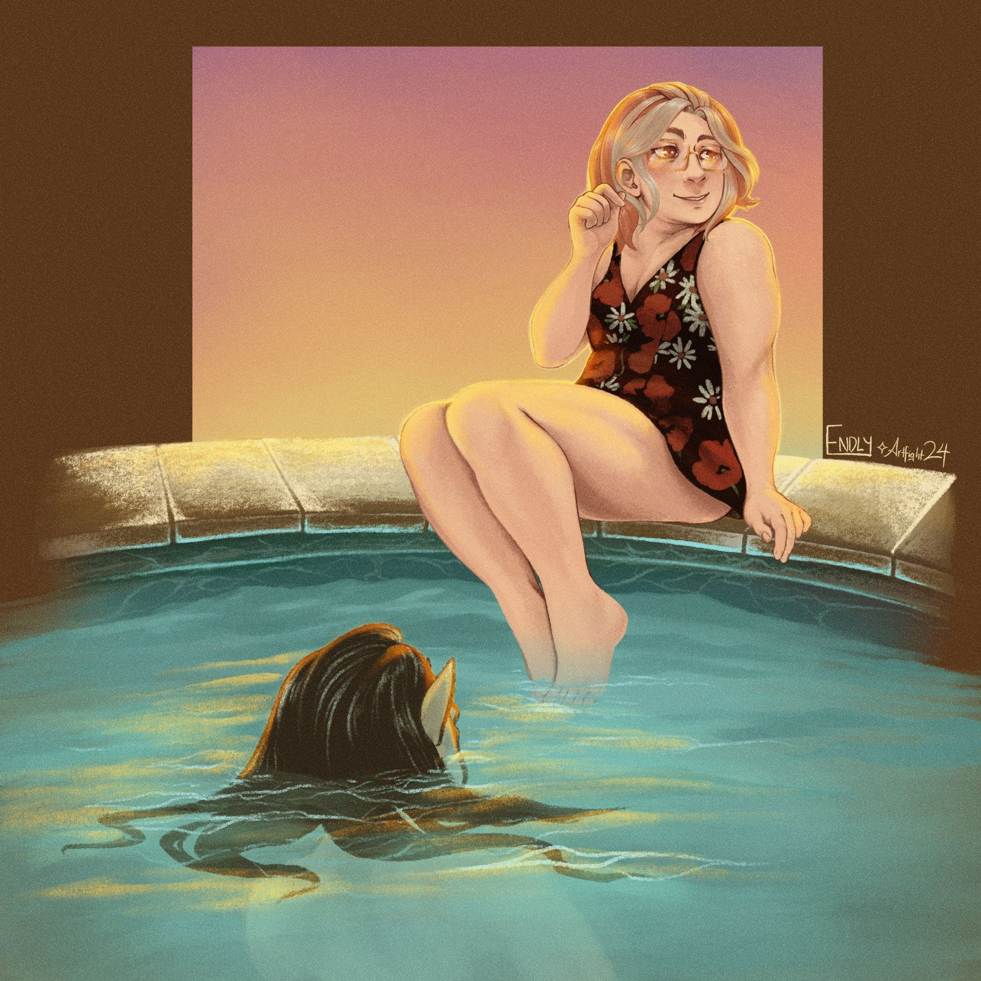 Illustration for Artfight, characters are Doris Bagnall and Scivai who belong to the user Prookal. Doris is sitting on the edge of an aboveground pool while Scivai is emerging from said pool. Lighting gives the impression of a sunset