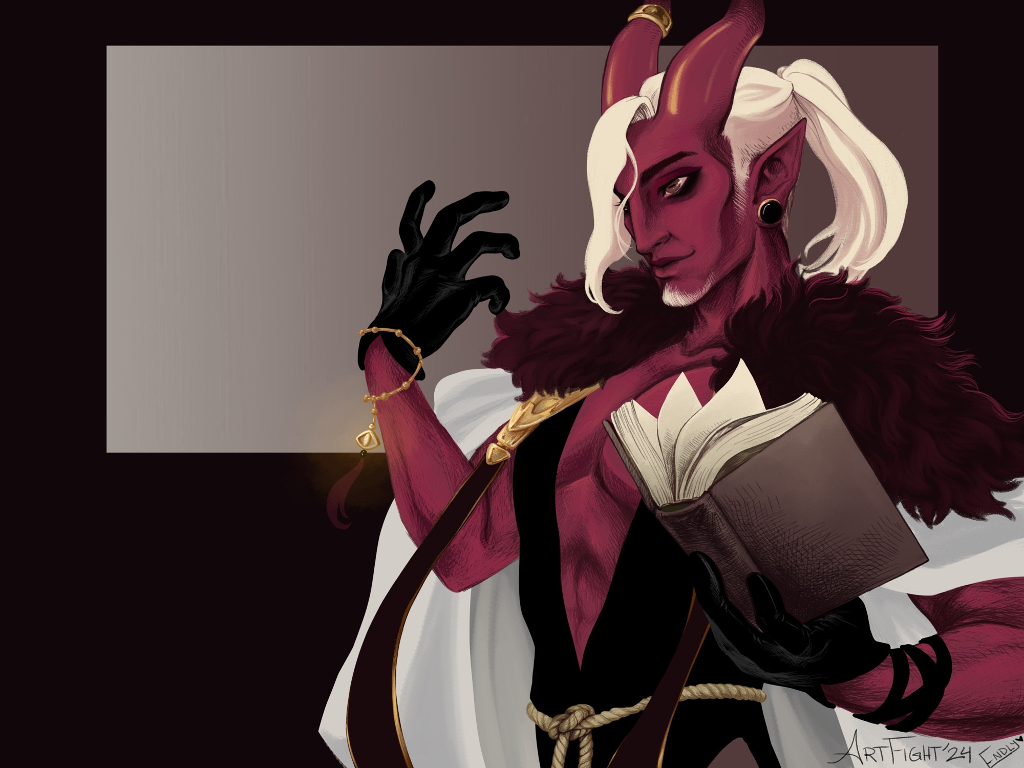 Dark red tiefling character illustration halfbody, character is Zorias by Lullambii for Artfight 2024