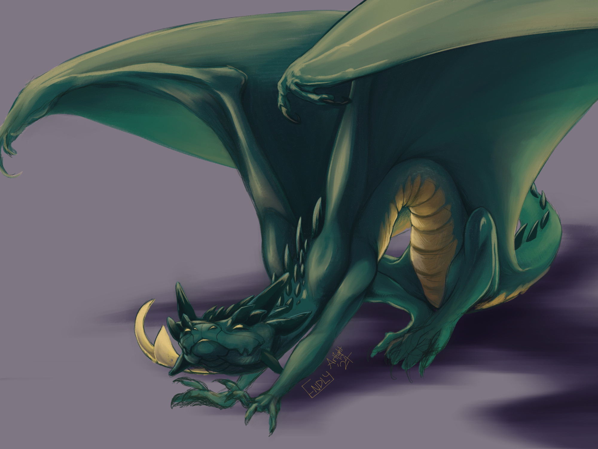 Illustration of a dragon character for ArtFight, mostly green with yellow underbelly and accents doing a very satisfying stretch, character belongs to Micahseacole and is named Fraemir