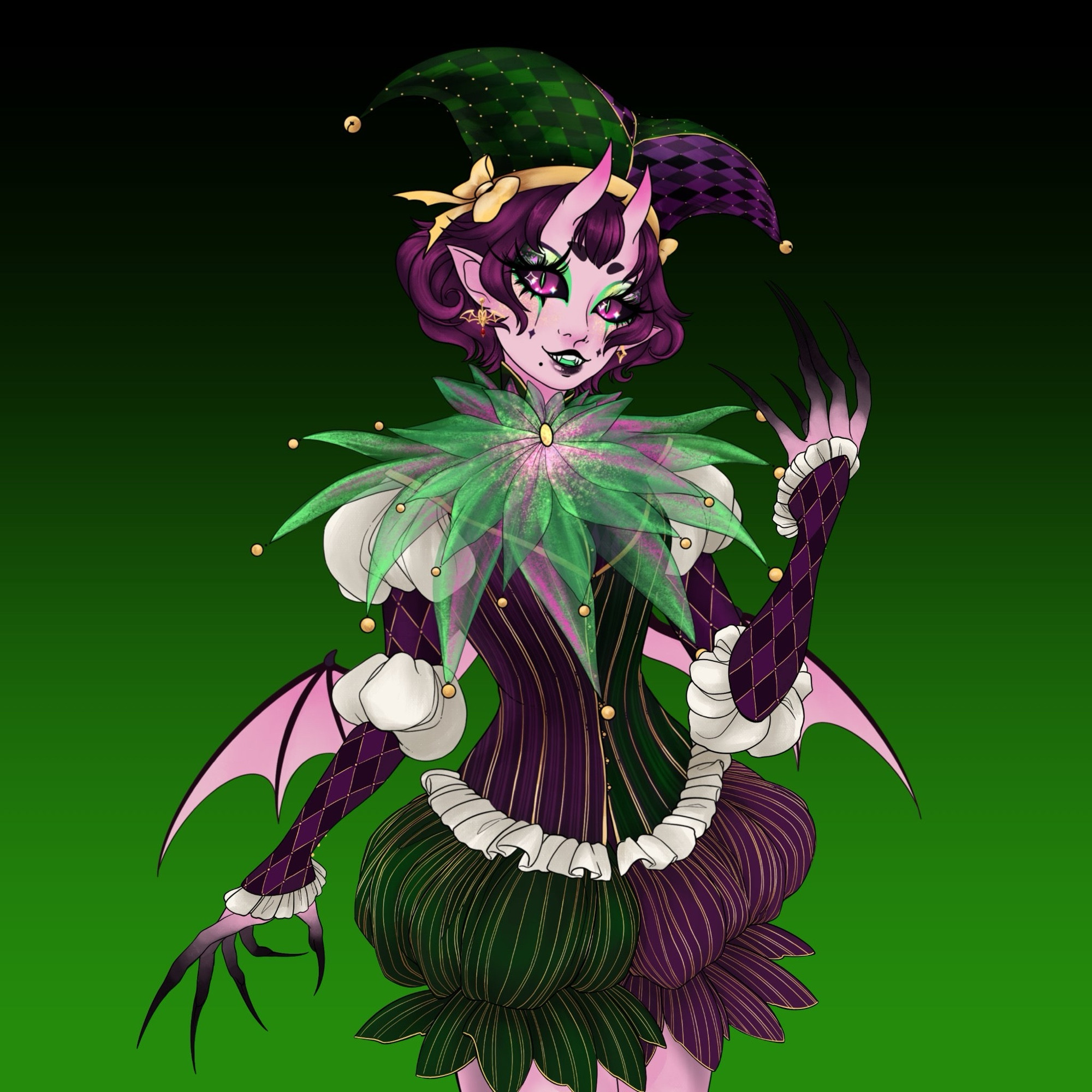 Mostly green and purple jester outfit for pngtuber Endly