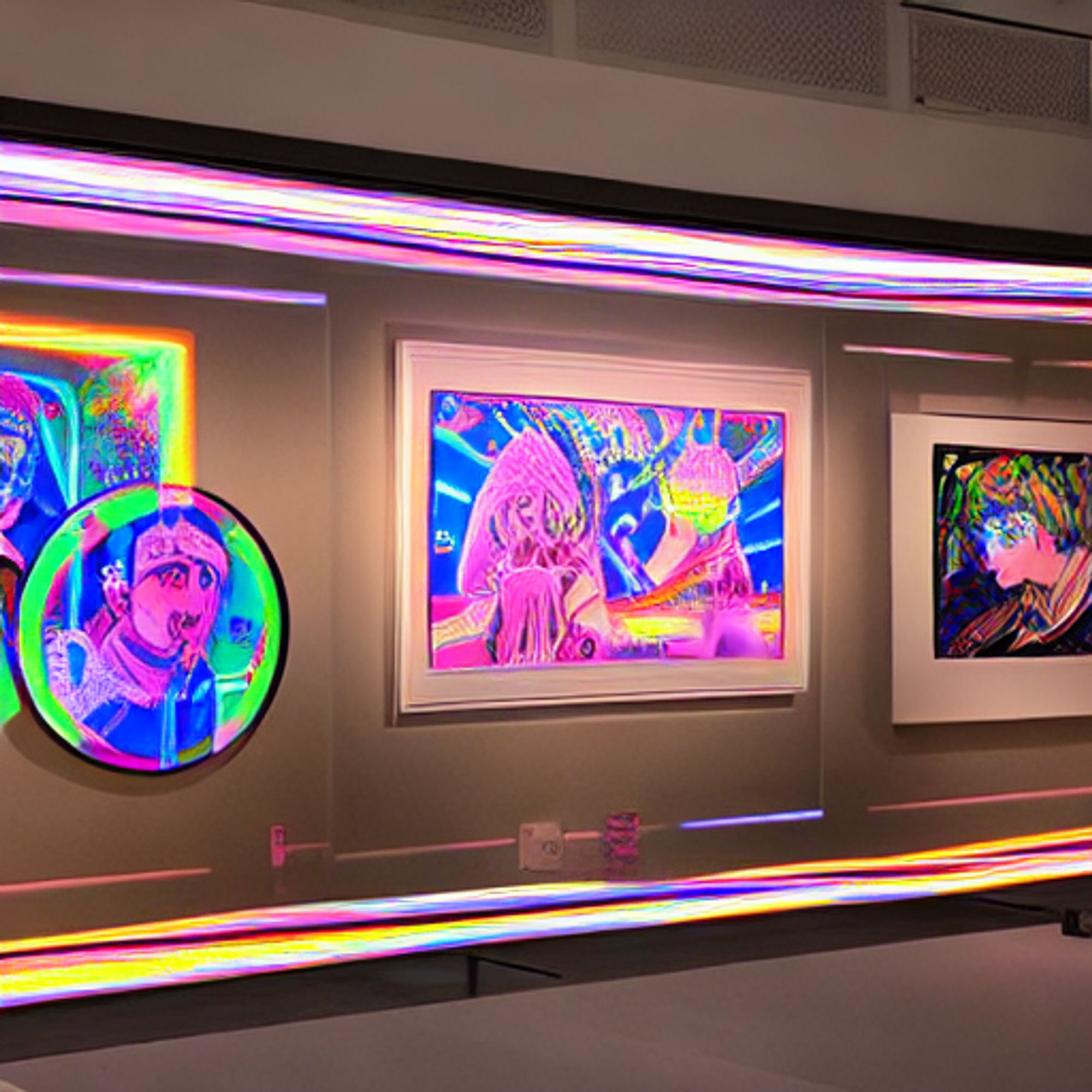 futuristic holographic art gallery displaying elaborate meme exhibition, with sociologists analyzing and discussing the memes' intricate layers and cultural significance, cyberpunk, pastel colors, vaporwave, neo-tokyo, kawaii, art nouveau, mysterious