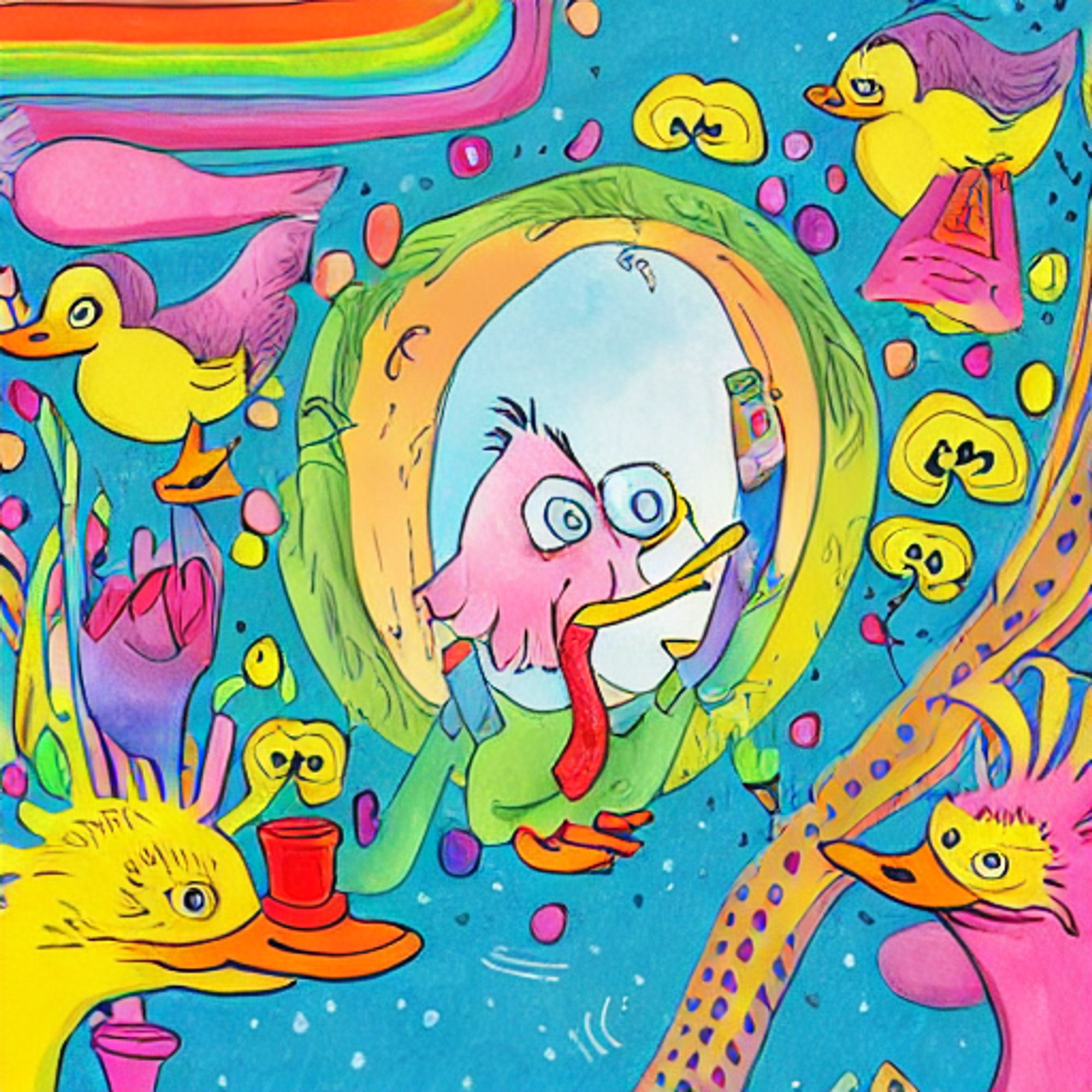 Whimsical illustration of a happy, imaginative duck surrounded by a colorful world of curious characters and rainbow-filled skies, inspired by children's book illustrations, Dr. Seuss, and Quentin Blake's art, playful, vivid, and lighthearted