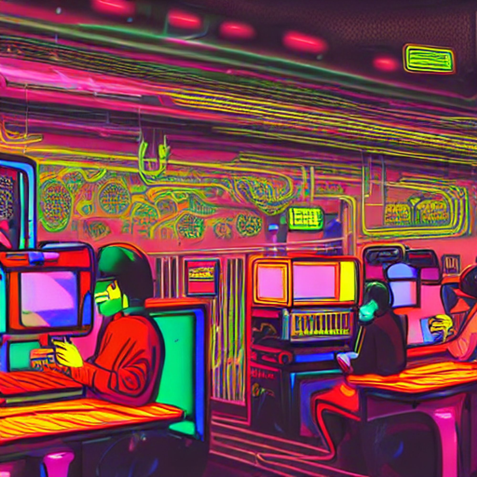 surreal internet cafe scene where patrons use vintage computers to generate AI art with keywords, free digital paintings in a cyberpunk vaporwave setting, flickering neon signs, holographic projections, futuristic graffiti, and retro-futuristic 80s ambiance, rendered in a blend of photorealism and glitch art styles