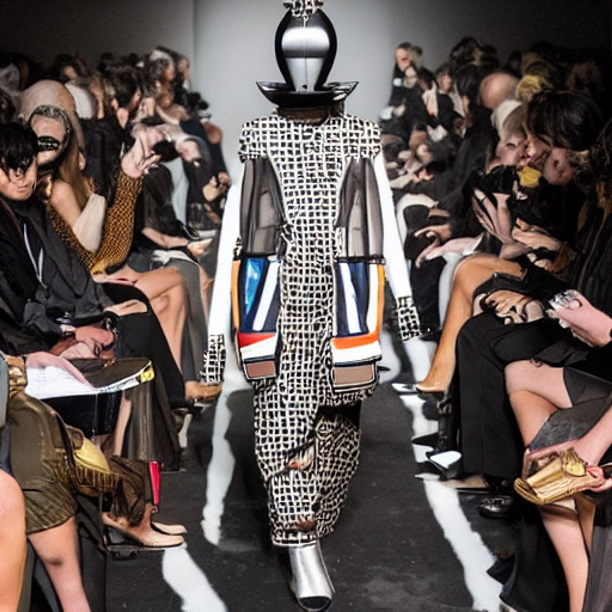 Avant-garde fashion runway scene with models wearing Marni and Louis Vuitton inspired outfits, infused with John Carpenter movie themes, such as dystopian cityscapes, supernatural elements, and striking silhouettes, dramatic lighting, bold patterns, and cinematic atmosphere