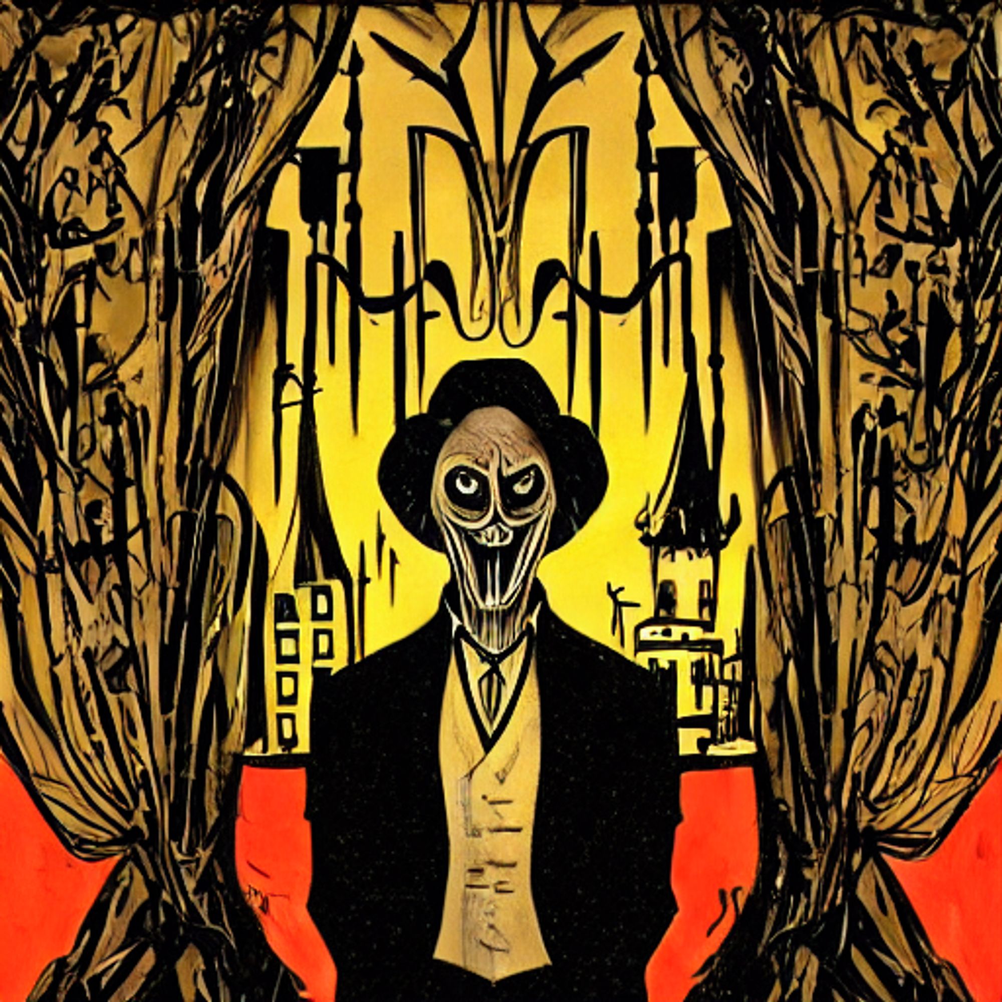 creepy cartoonish noir scene: elongated shadowy figure with a wicked grin, sipping apple cider in a dimly lit speakeasy, surrounded by mysterious symbols and art nouveau elements, exaggerated features, German Expressionism-inspired, chiaroscuro lighting, boldly colored, Tim Burton-esque