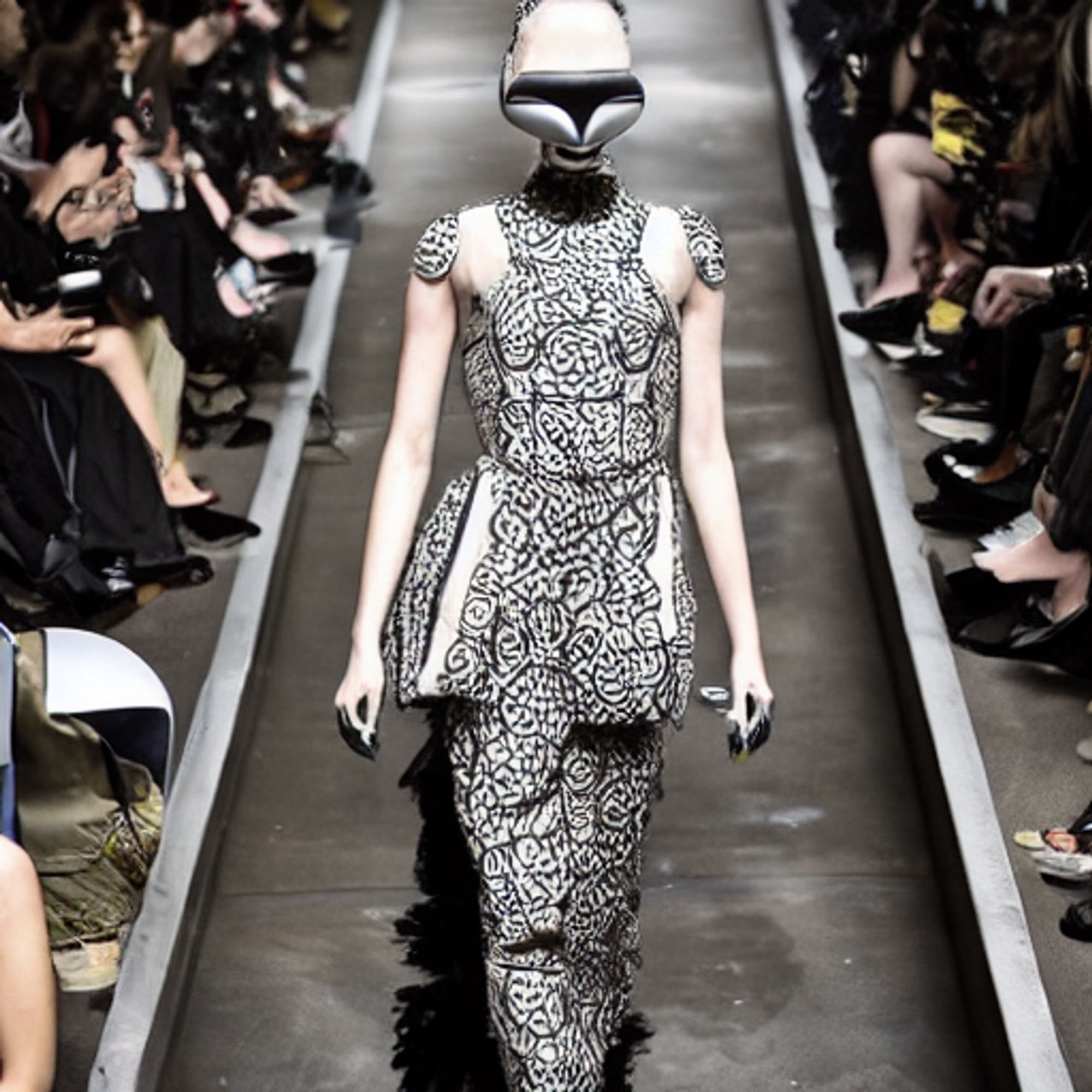 avant-garde haute couture fashion collection blending Marni and Louis Vuitton aesthetics with John Carpenter movie themes, featuring futuristic dystopian outfits, dark and luxurious materials, intricate patterns, bold prints, They Live and Escape from New York inspired, dramatic runway show with atmospheric lighting