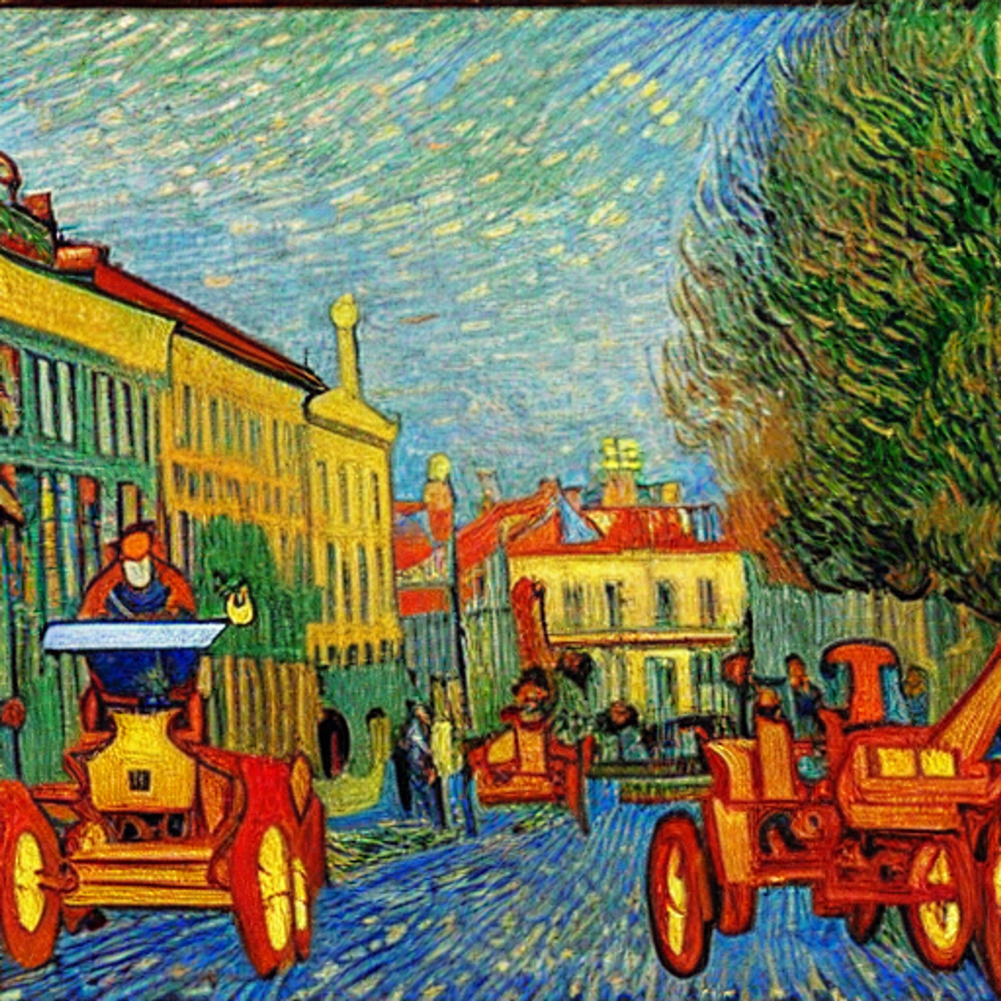 impressionist style golden tractor adorned with ŠČ letters, Croatian flag streaming from exhaust, cruising through Liverpool cityscape, playing harmonious melodies, surrounded by ethereal multi-colored rainbows, Van Gogh, Monet influences