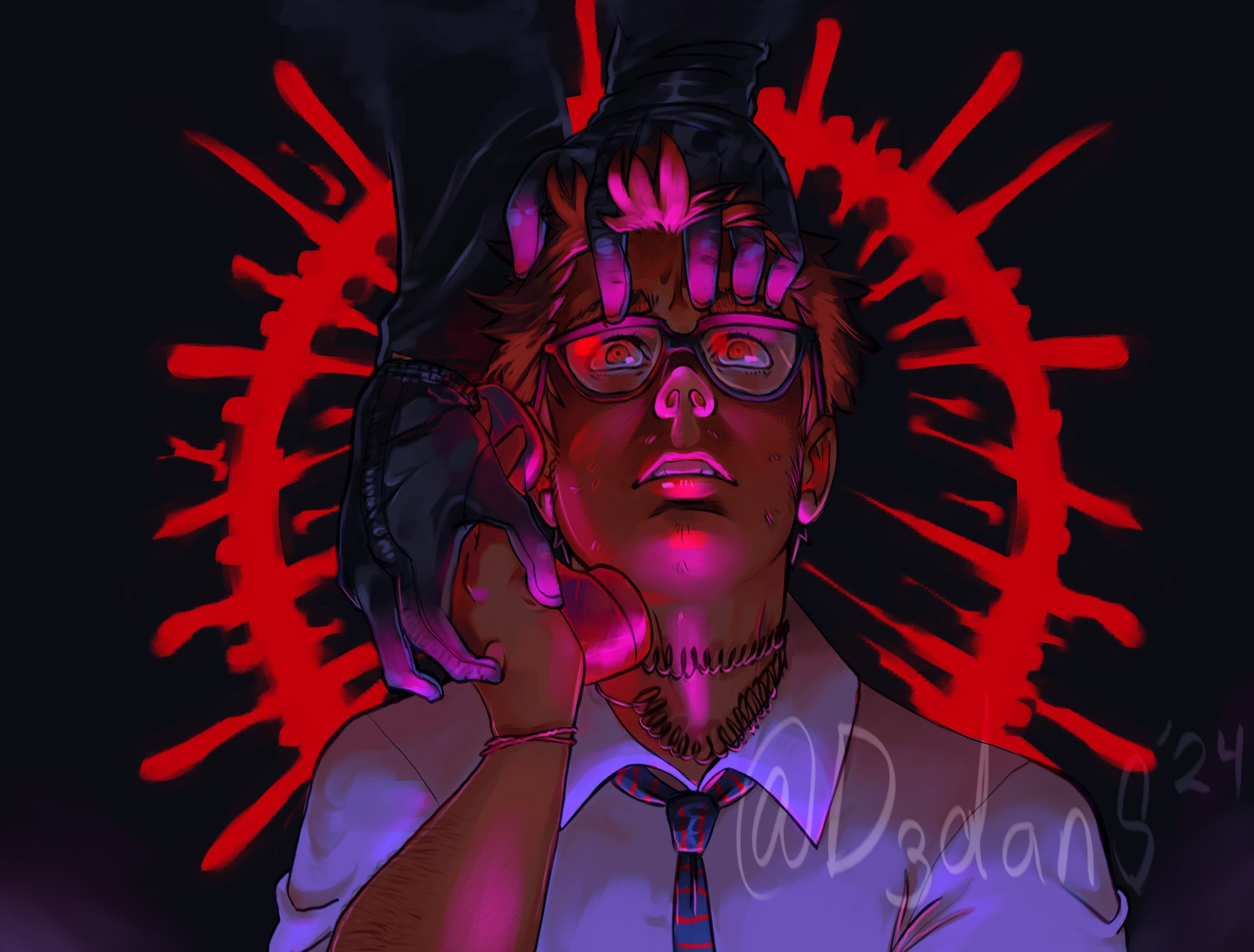 Dwight Fairfield from Dead by Daylight holding a phone with Ghostface's hands clutching the top of his head and hand holding the phone, pushing it further against his ear. Dwight is surrounded by a red halo that also mimics the Exposed stalk meter Ghostface has in game.