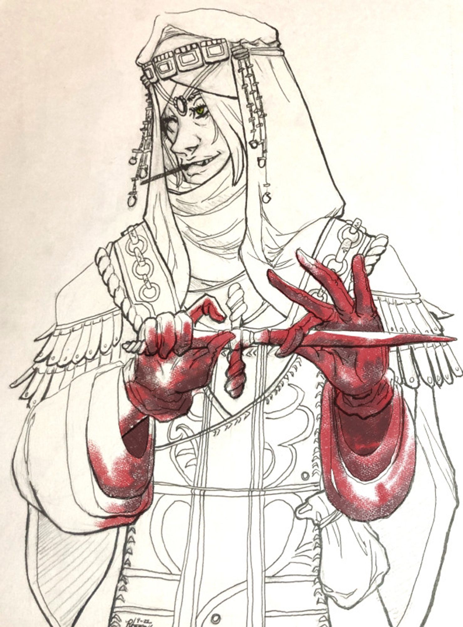 Inked sketch of my original character, El, dressed as a perfumer, a type of healer from the game Elden Ring. He holds a thin, needle like blade in his gloved, bloody hands. On his face is a sly grin. He is not the healer we think he should be.